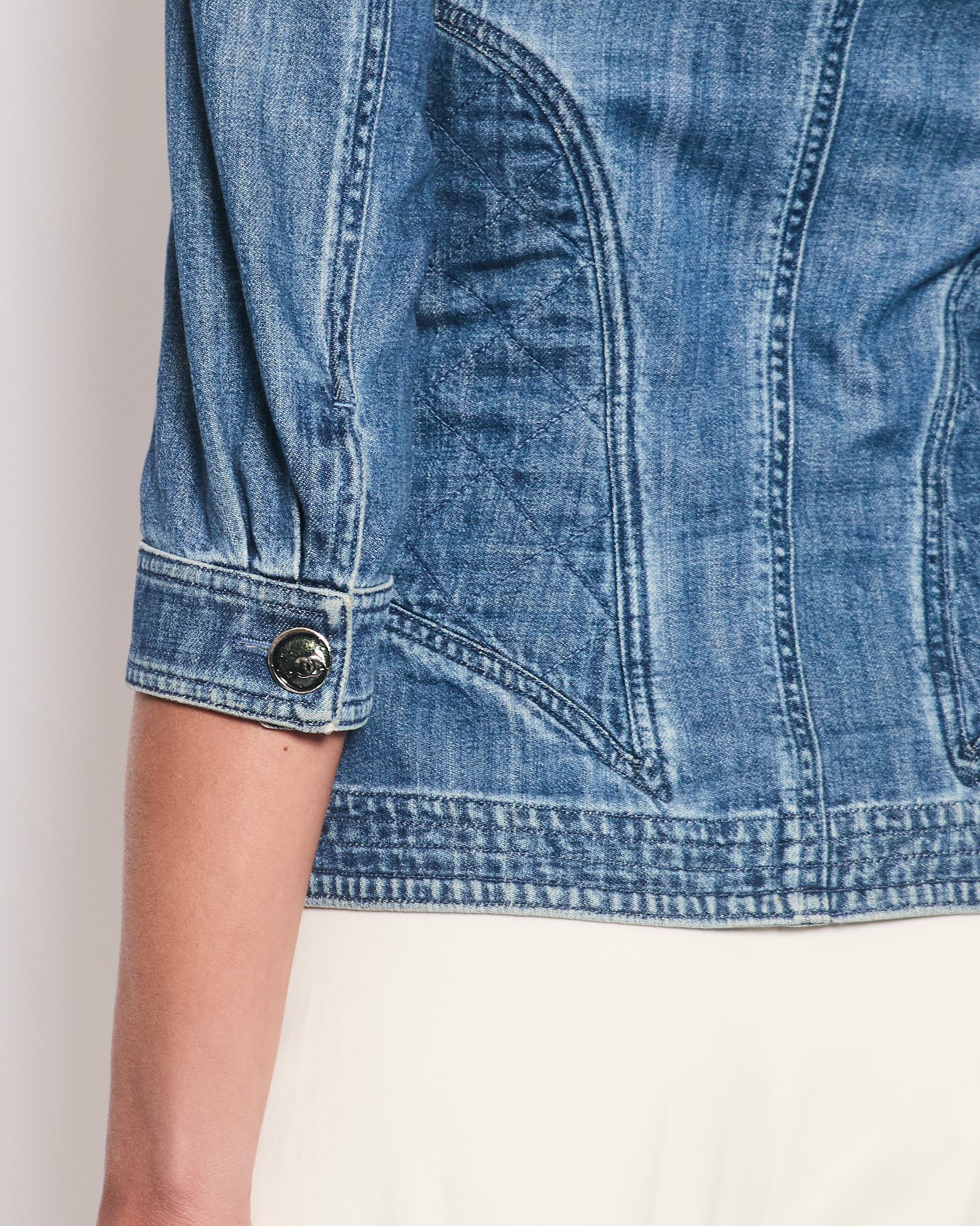 Chanel 08/P Blue Denim Long Sleeve Jacket with Quilted Pocket Detail Size FR 36 (UK 8)