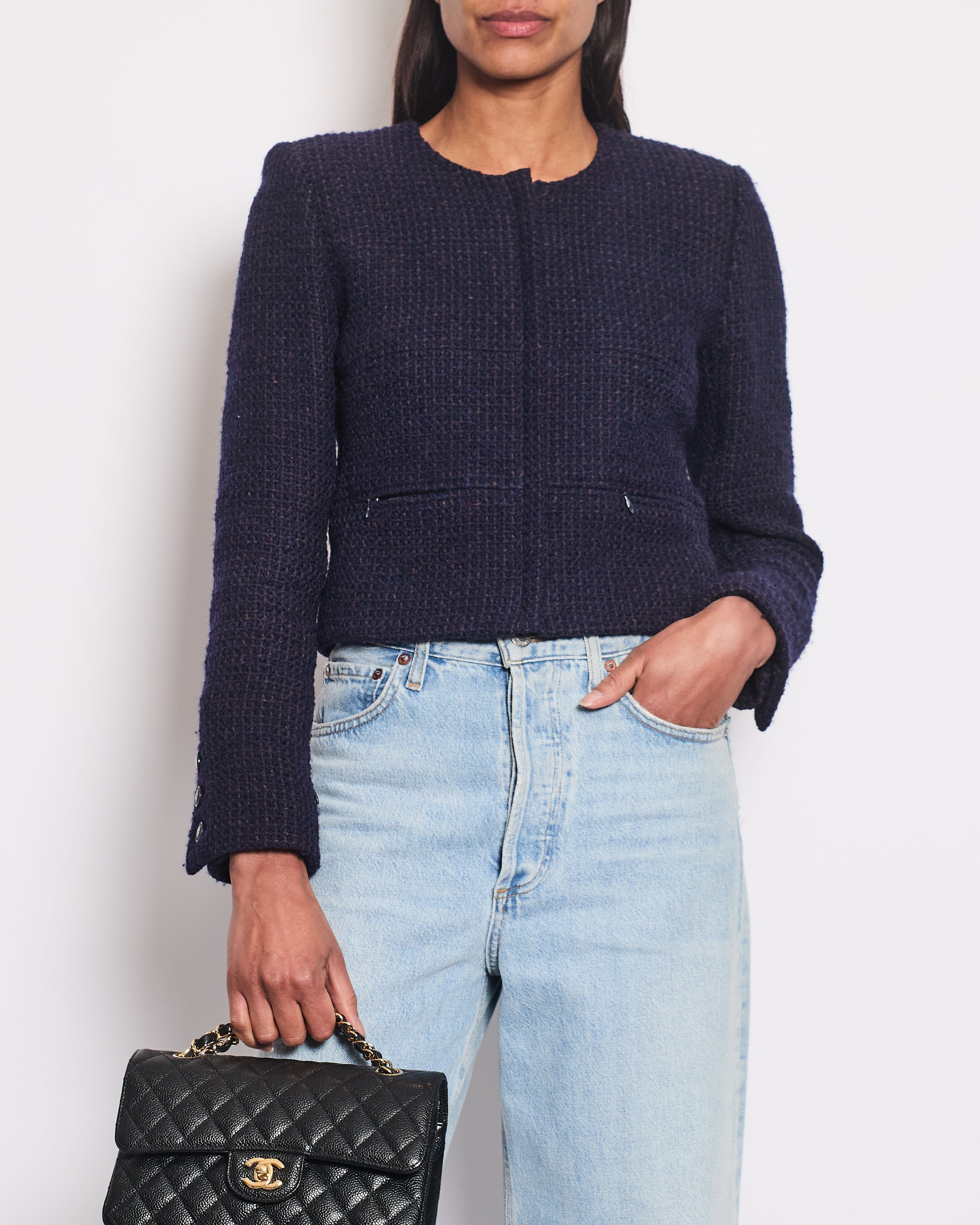 Chanel 02/A Bright Navy & Brown Multicolour Tweed Long Sleeve Jacket with Blue Buttons Detail Size FR 38 (UK 10)