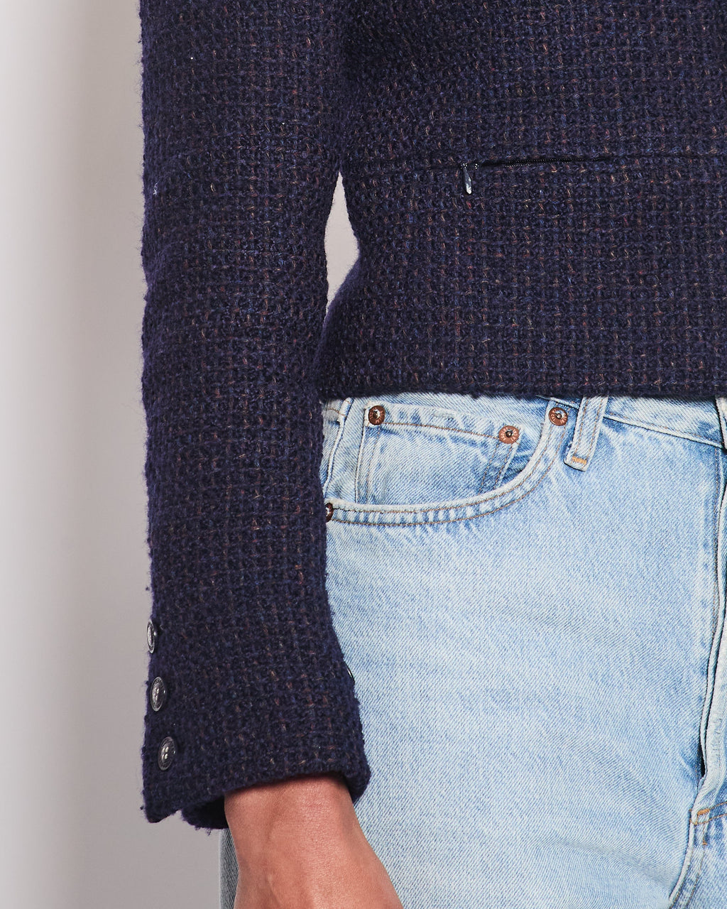 Chanel 02/A Bright Navy & Brown Multicolour Tweed Long Sleeve Jacket with Blue Buttons Detail Size FR 38 (UK 10)