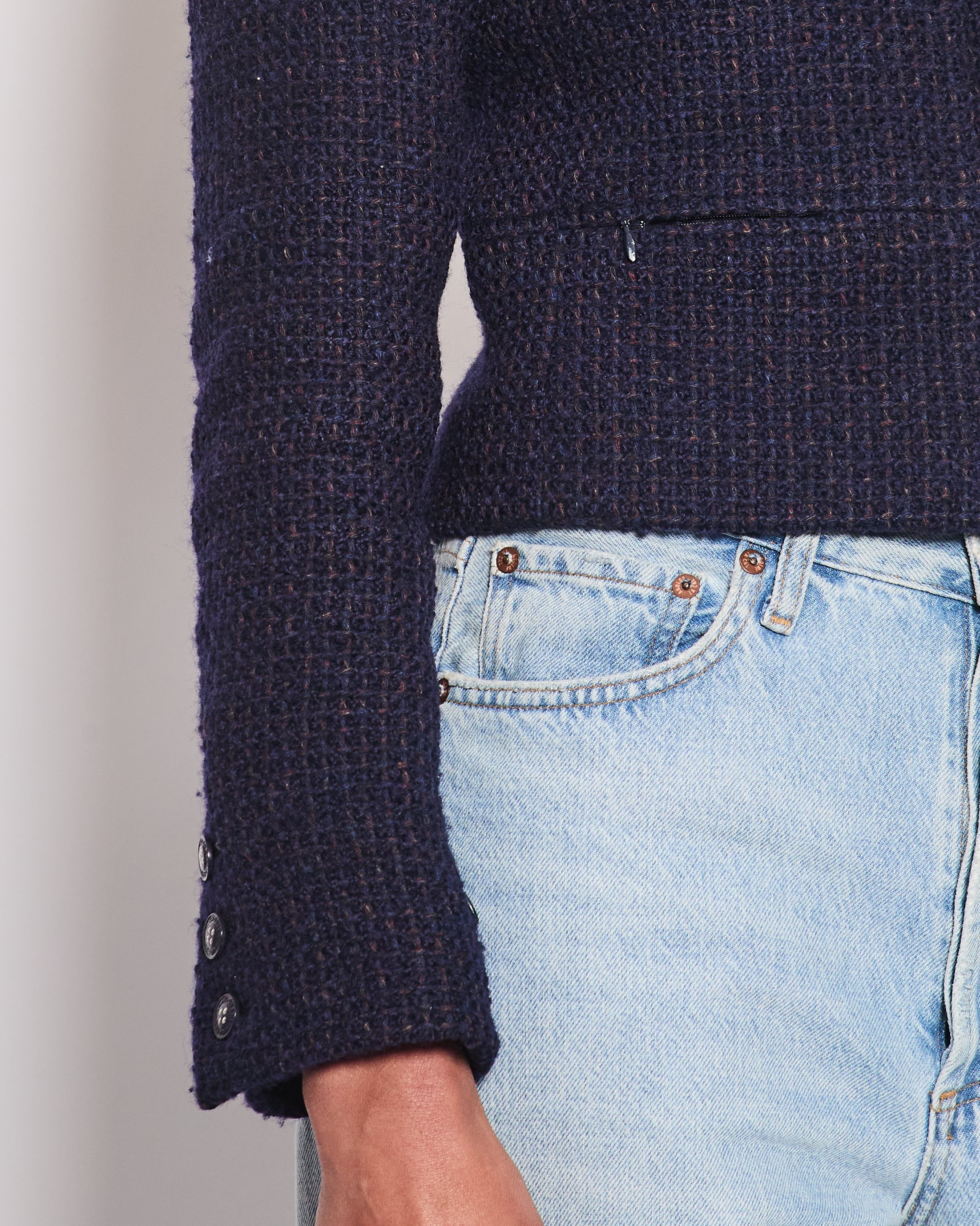 Chanel 02/A Bright Navy & Brown Multicolour Tweed Long Sleeve Jacket with Blue Buttons Detail Size FR 38 (UK 10)