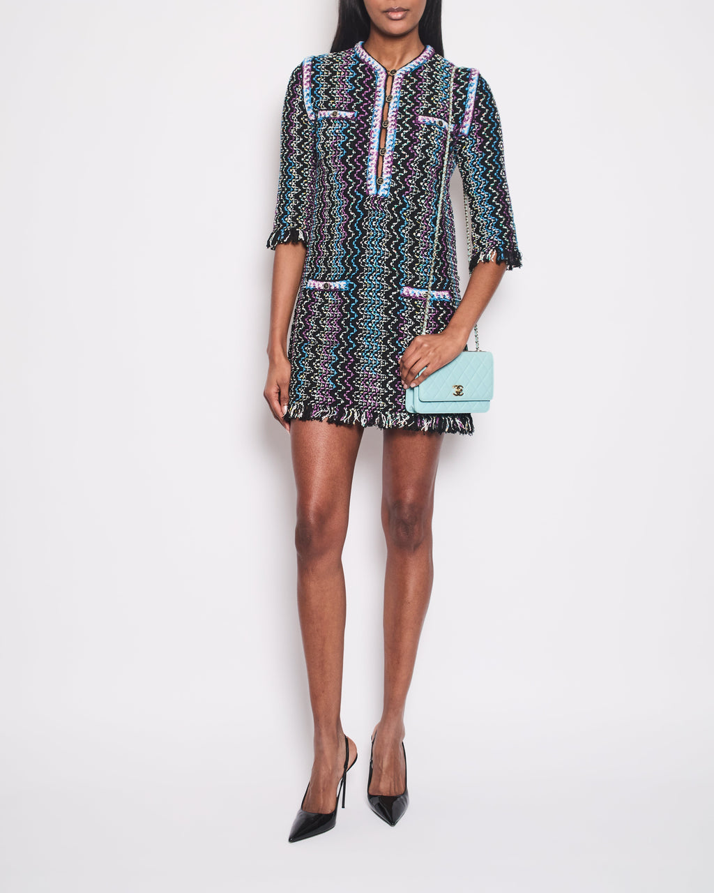 Chanel Black, Turquoise & Purple Zig Zag Dress with Frayed Edge Size FR 34 (UK 6)