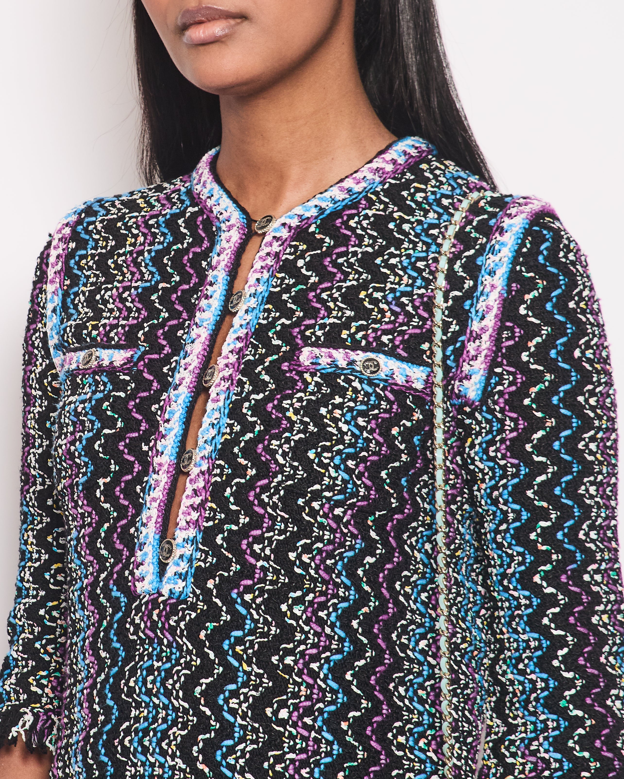 Chanel Black, Turquoise & Purple Zig Zag Dress with Frayed Edge Size FR 34 (UK 6)