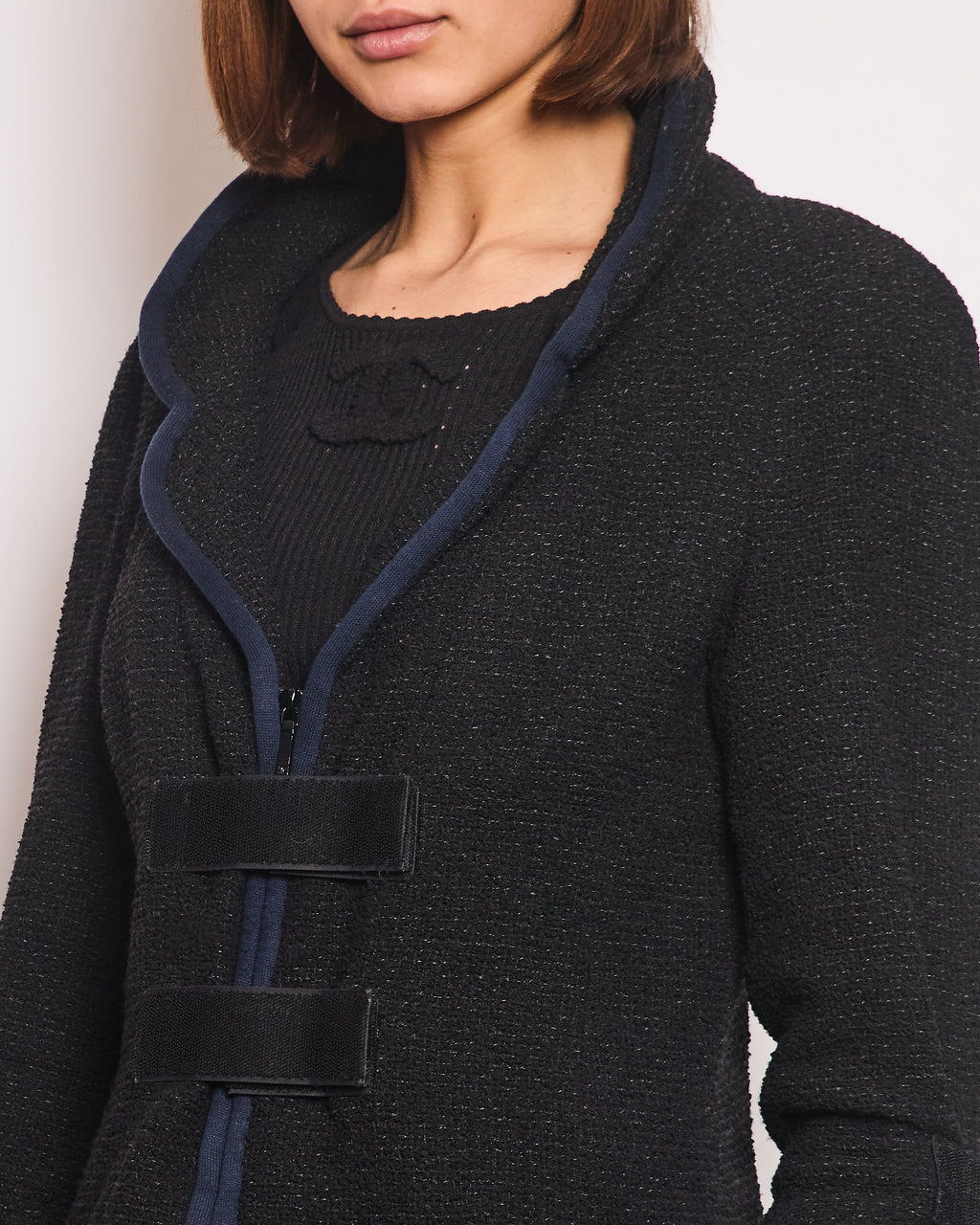 Chanel Spring 2017 Runway Black Tweed Jacket with Velcro and Navy Details Size FR 42 (UK 14)