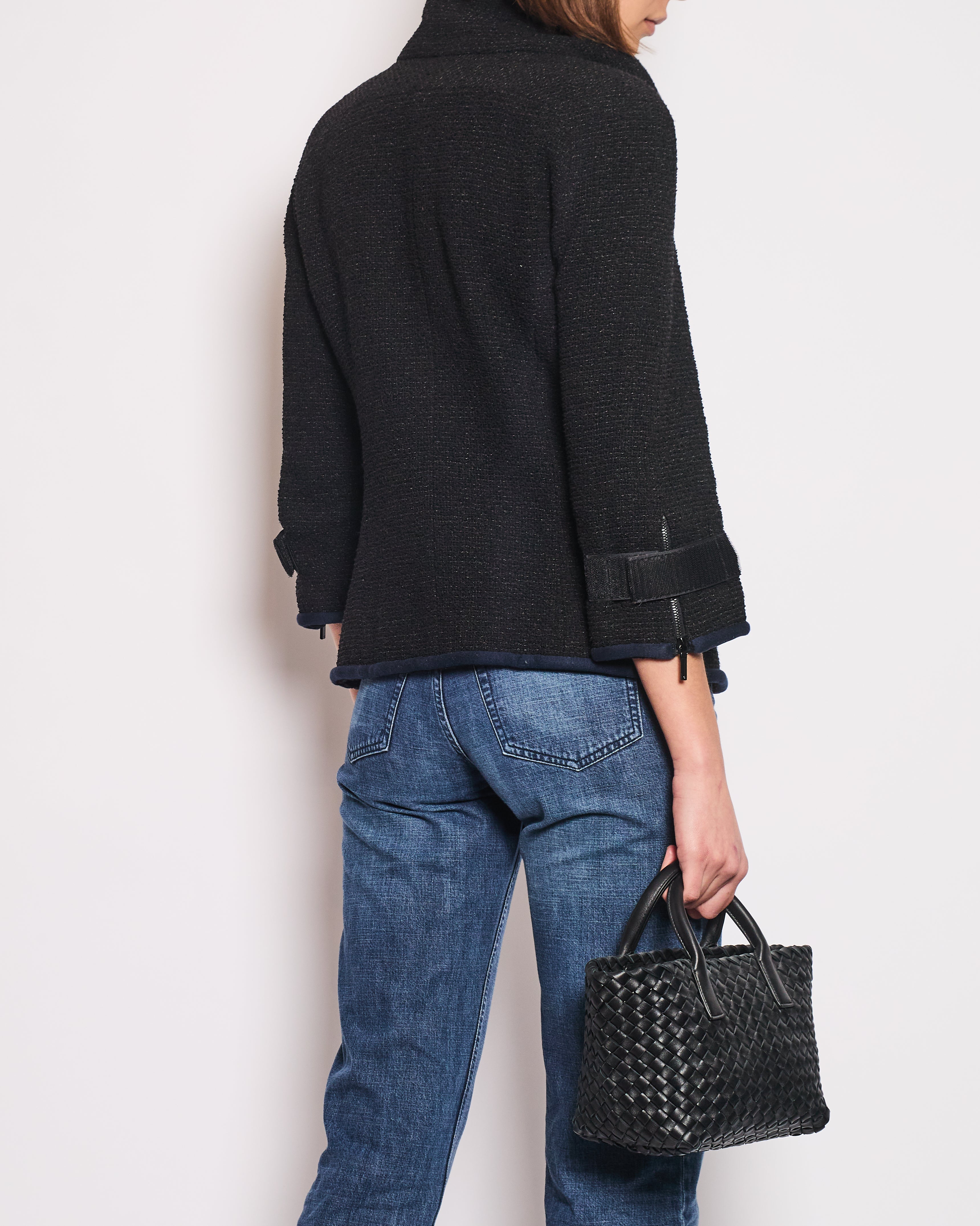 Chanel Spring 2017 Runway Black Tweed Jacket with Velcro and Navy Details Size FR 42 (UK 14)