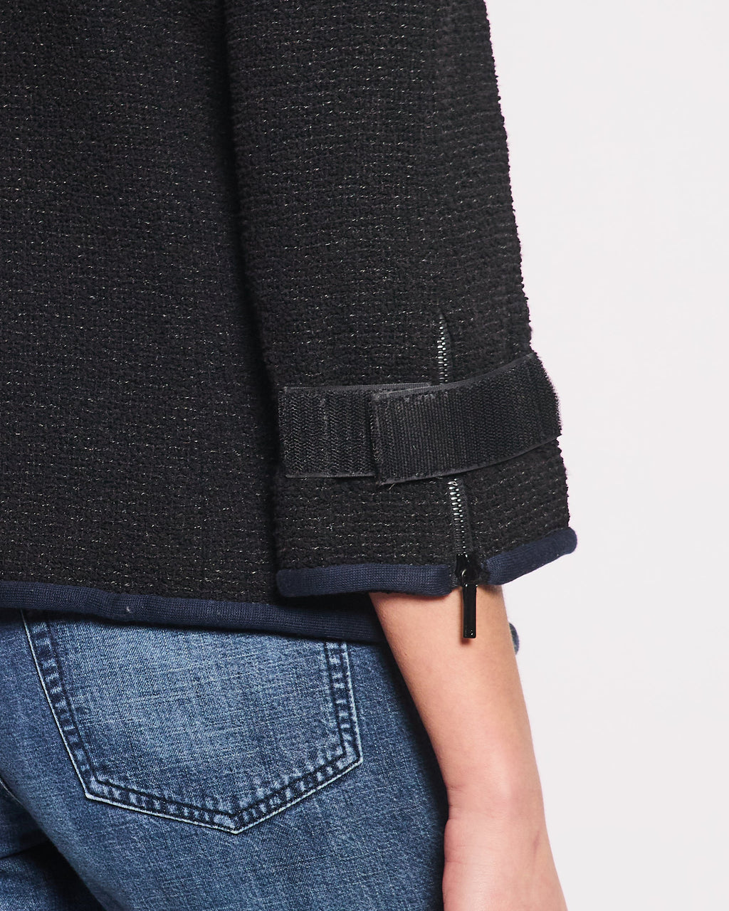 Chanel Spring 2017 Runway Black Tweed Jacket with Velcro and Navy Details Size FR 42 (UK 14)