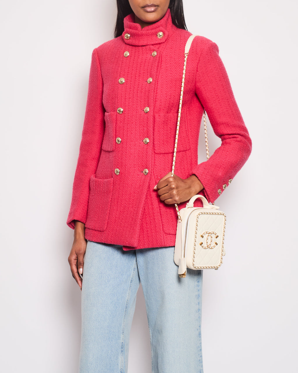 Chanel 20/A Hot Pink Long-Sleeve Tweed Jacket with Gold CC Button Detail Size 34 (UK 6)