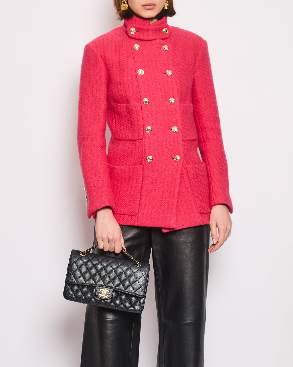 Chanel 20/A Hot Pink Long-Sleeve Tweed Jacket with Gold CC Button Detail Size 34 (UK 6)