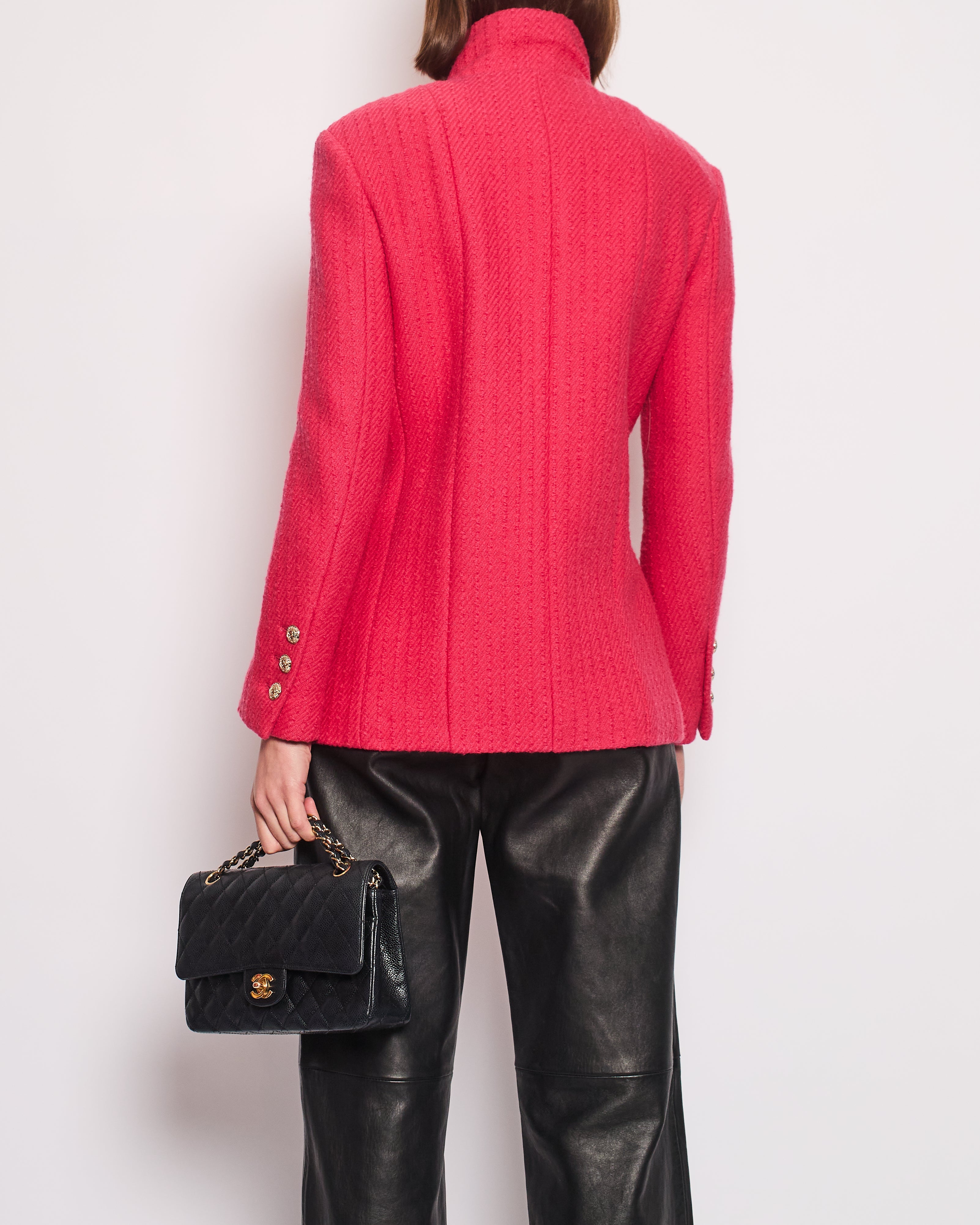 Chanel 20/A Hot Pink Long-Sleeve Tweed Jacket with Gold CC Button Detail Size 34 (UK 6)