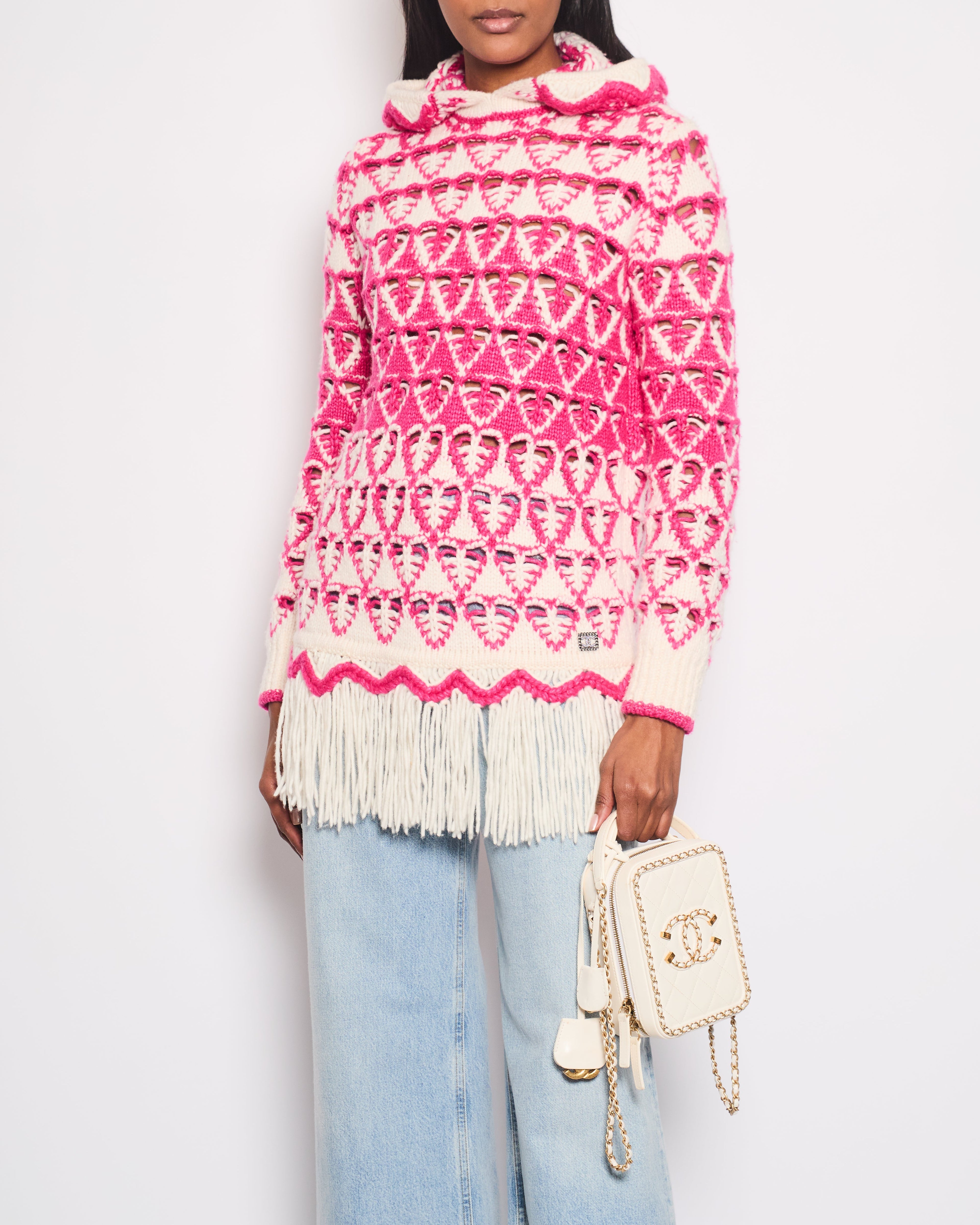 *HOT* Chanel 21/FW Pink & Cream Knitted Hooded Jumper with Fringes Detail Size FR 36 (UK 8)