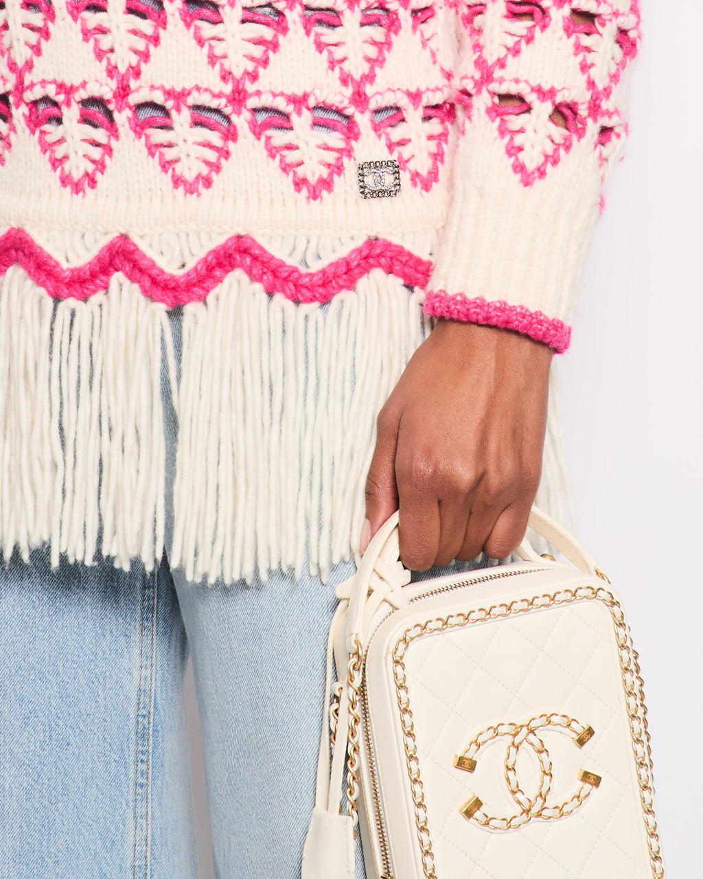 *HOT* Chanel 21/FW Pink & Cream Knitted Hooded Jumper with Fringes Detail Size FR 36 (UK 8)