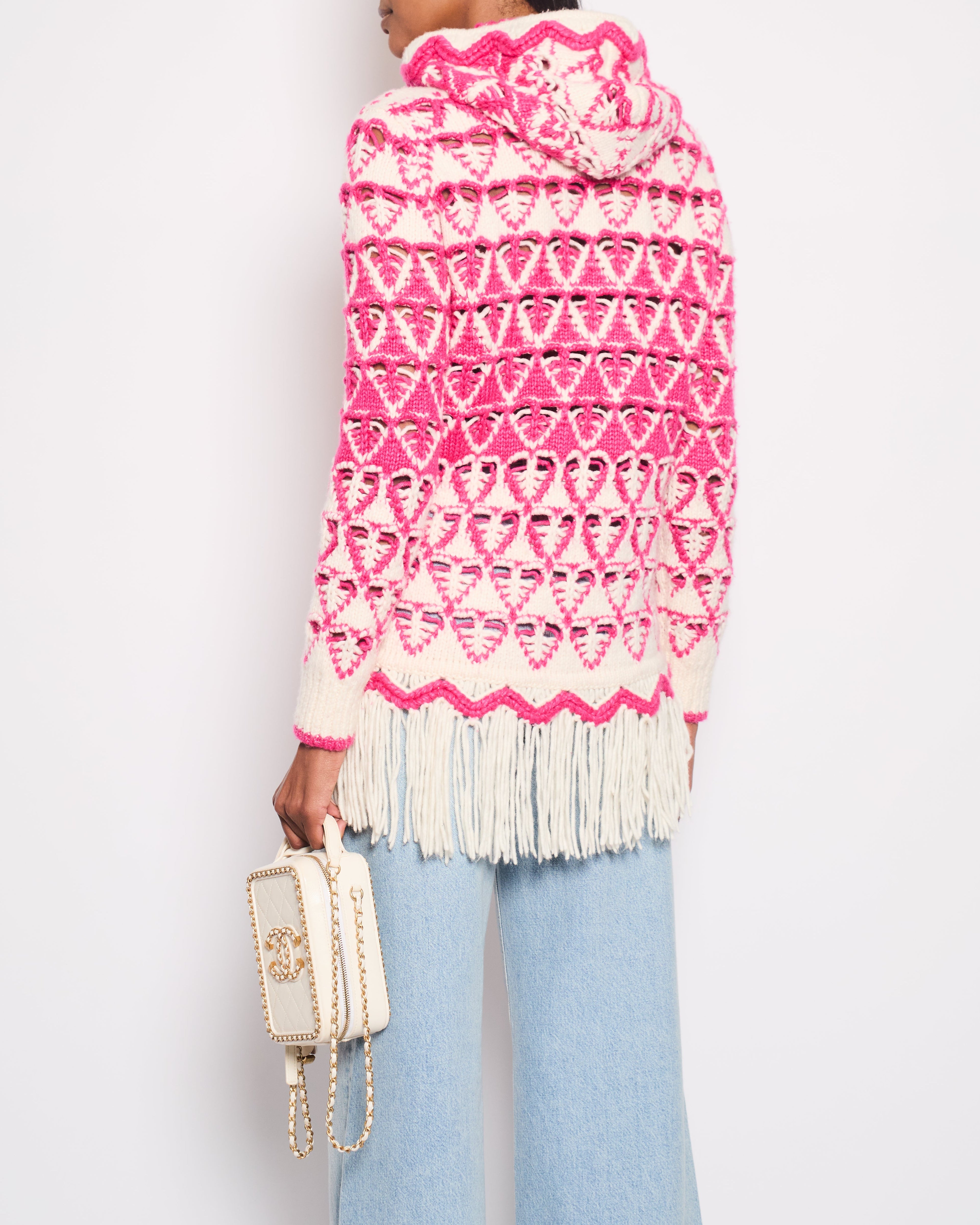 *HOT* Chanel 21/FW Pink & Cream Knitted Hooded Jumper with Fringes Detail Size FR 36 (UK 8)