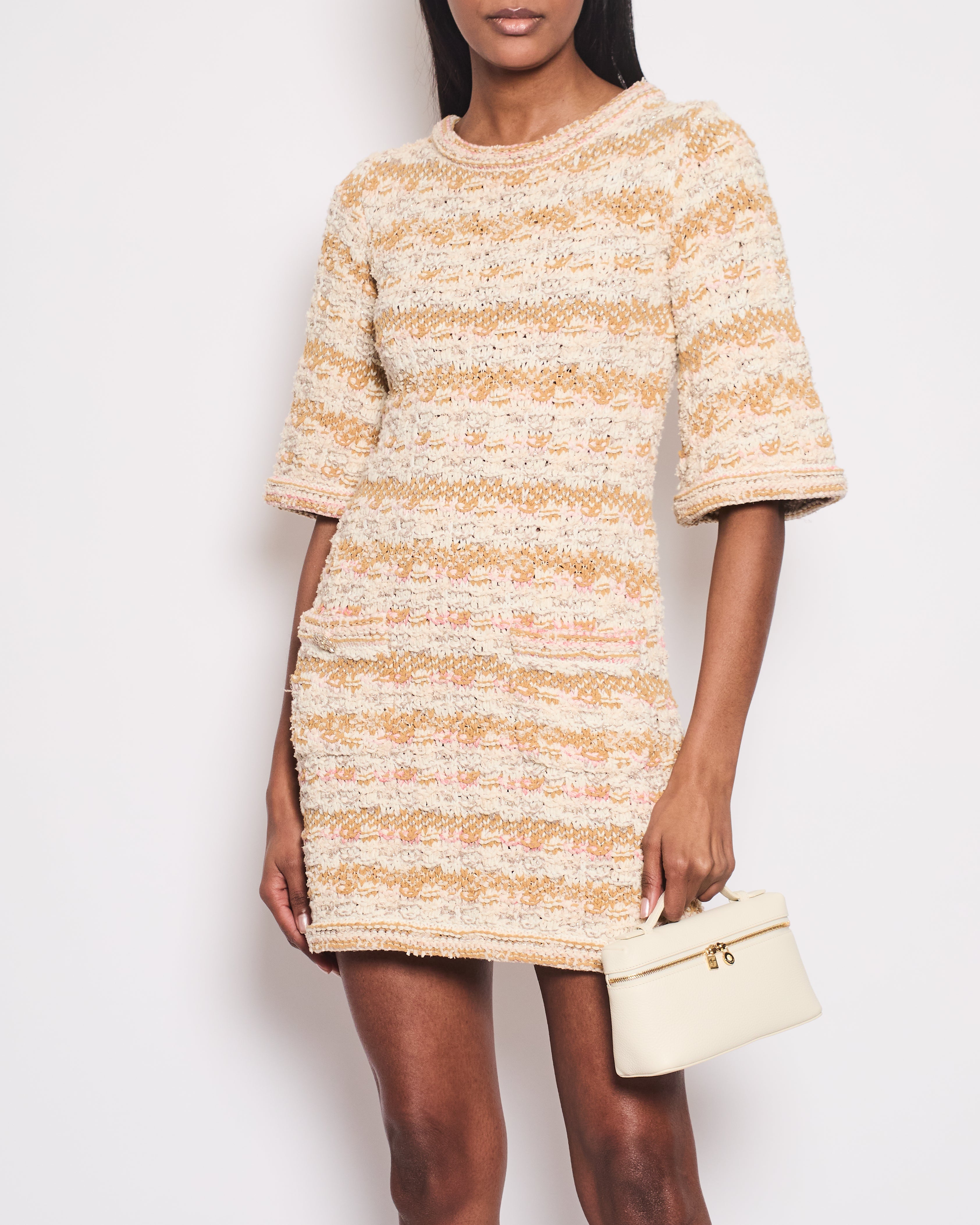 Chanel 15C Ivory, Cream & Pink Tweed Dress with 3/4 Sleeves & Crystal Camellia Buttons Detail Set Size FR 34 (UK 6)