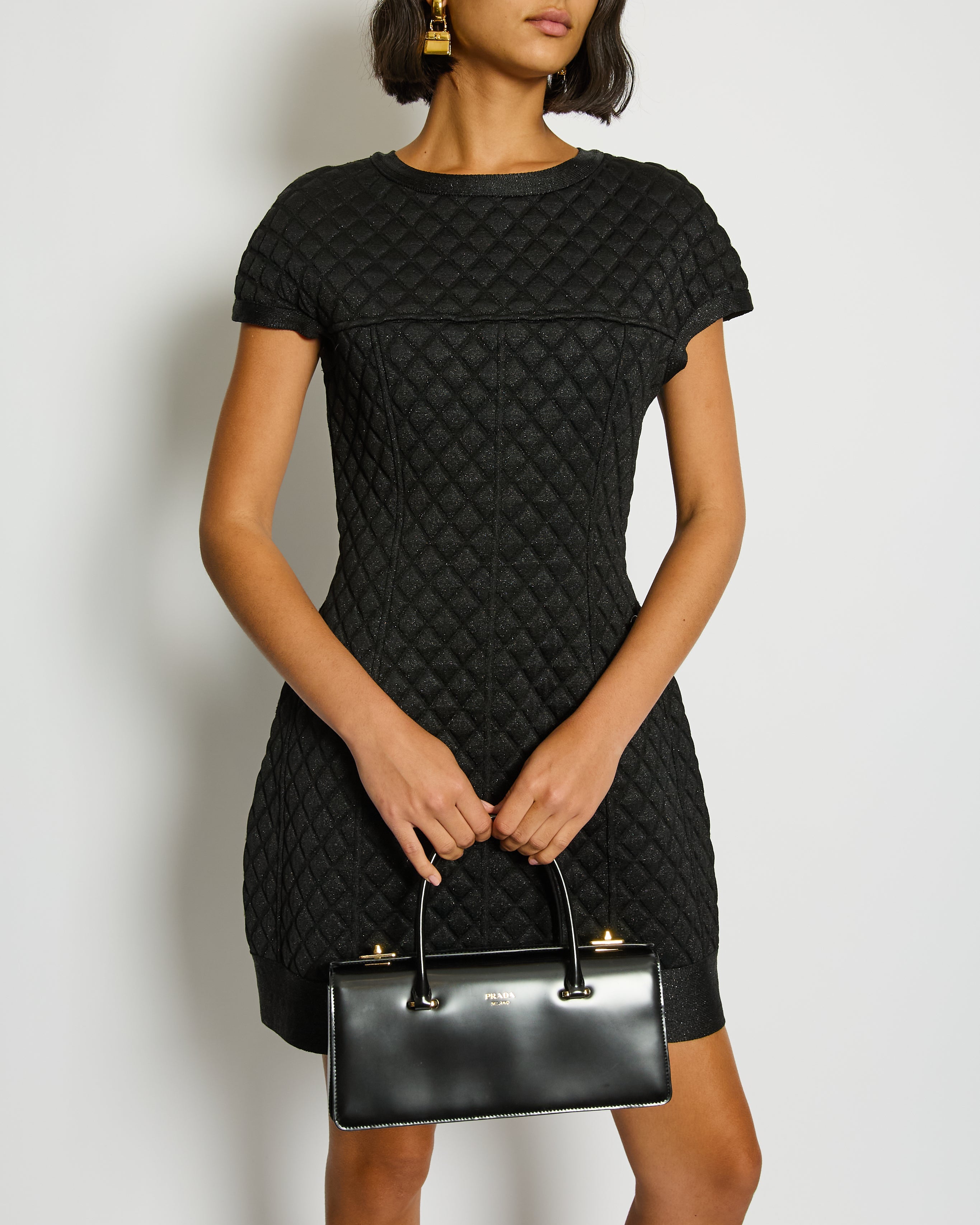 Chanel Black Padded Shimmery Short Sleeve Bodycon Mini Dress with CC Logo Detail Size FR 40 (UK 12)