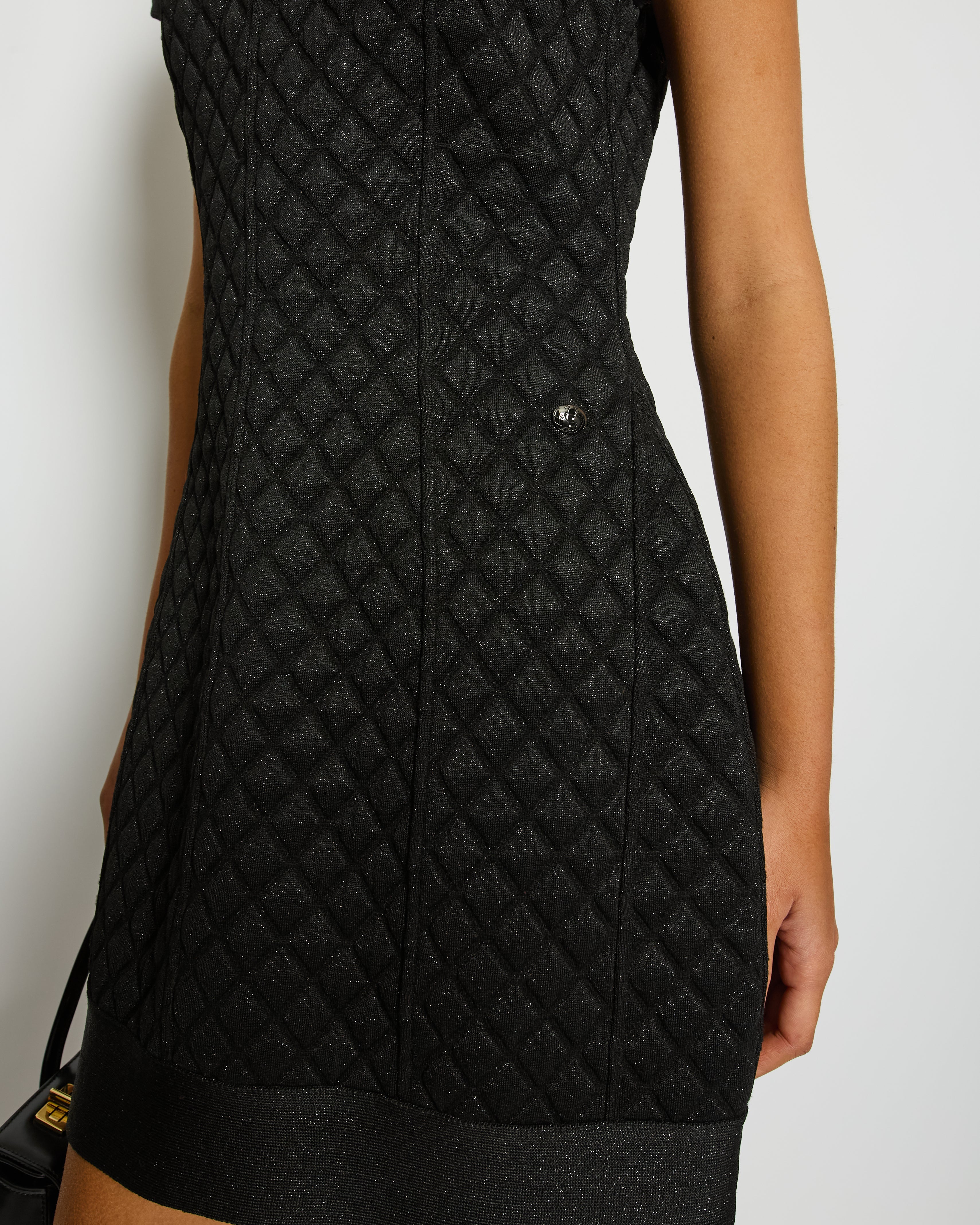 Chanel Black Padded Shimmery Short Sleeve Bodycon Mini Dress with CC Logo Detail Size FR 40 (UK 12)