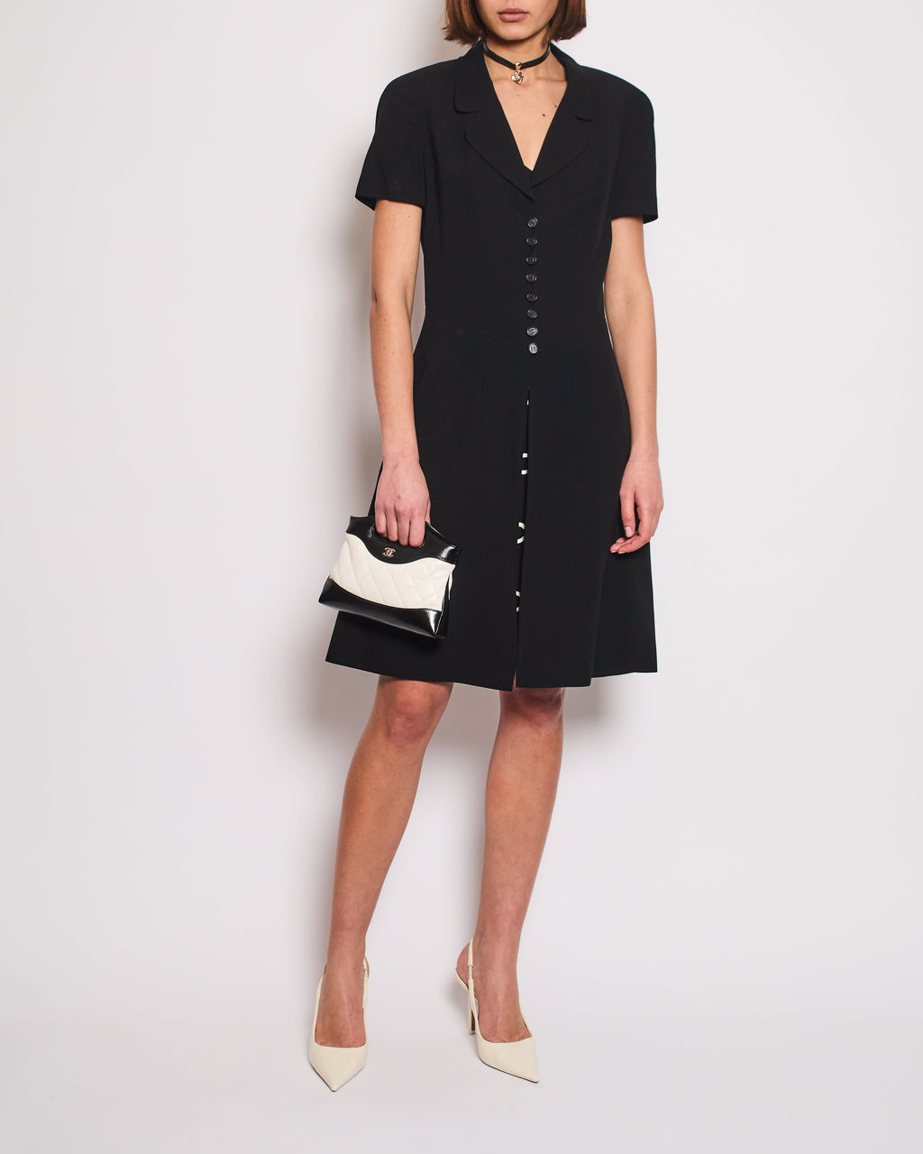 Chanel Vintage Runway 97/S Black, White CC Logo Slip Dress and Jacket Set with CC Chanel Button Size FR 42 (UK 14)