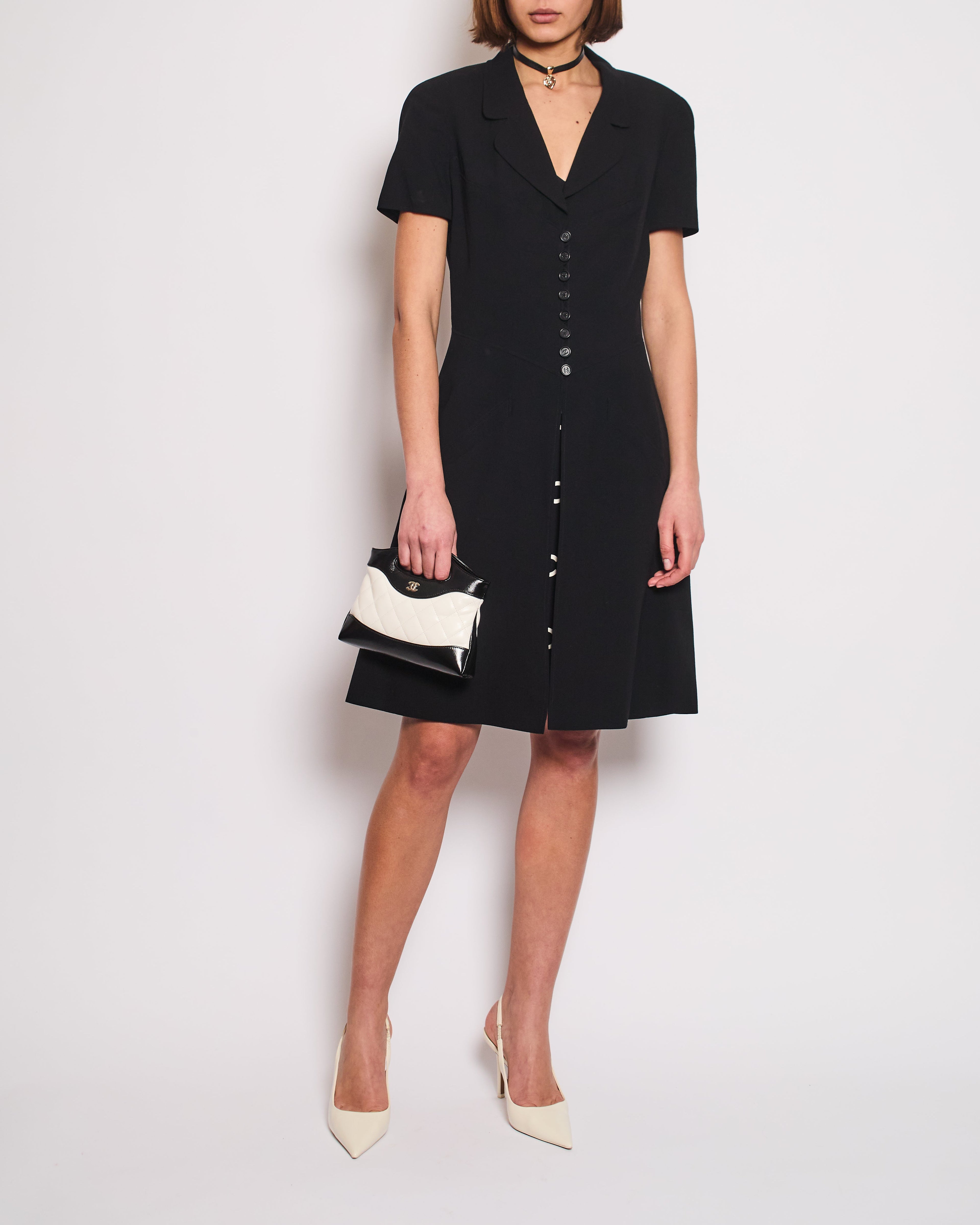 Chanel Vintage Runway 97/S Black, White CC Logo Slip Dress and Jacket Set with CC Chanel Button Size FR 42 (UK 14)