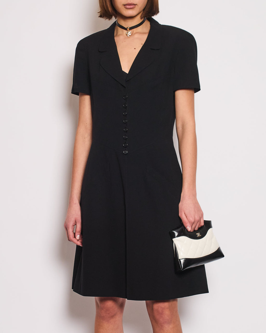 Chanel Vintage Runway 97/S Black, White CC Logo Slip Dress and Jacket Set with CC Chanel Button Size FR 42 (UK 14)