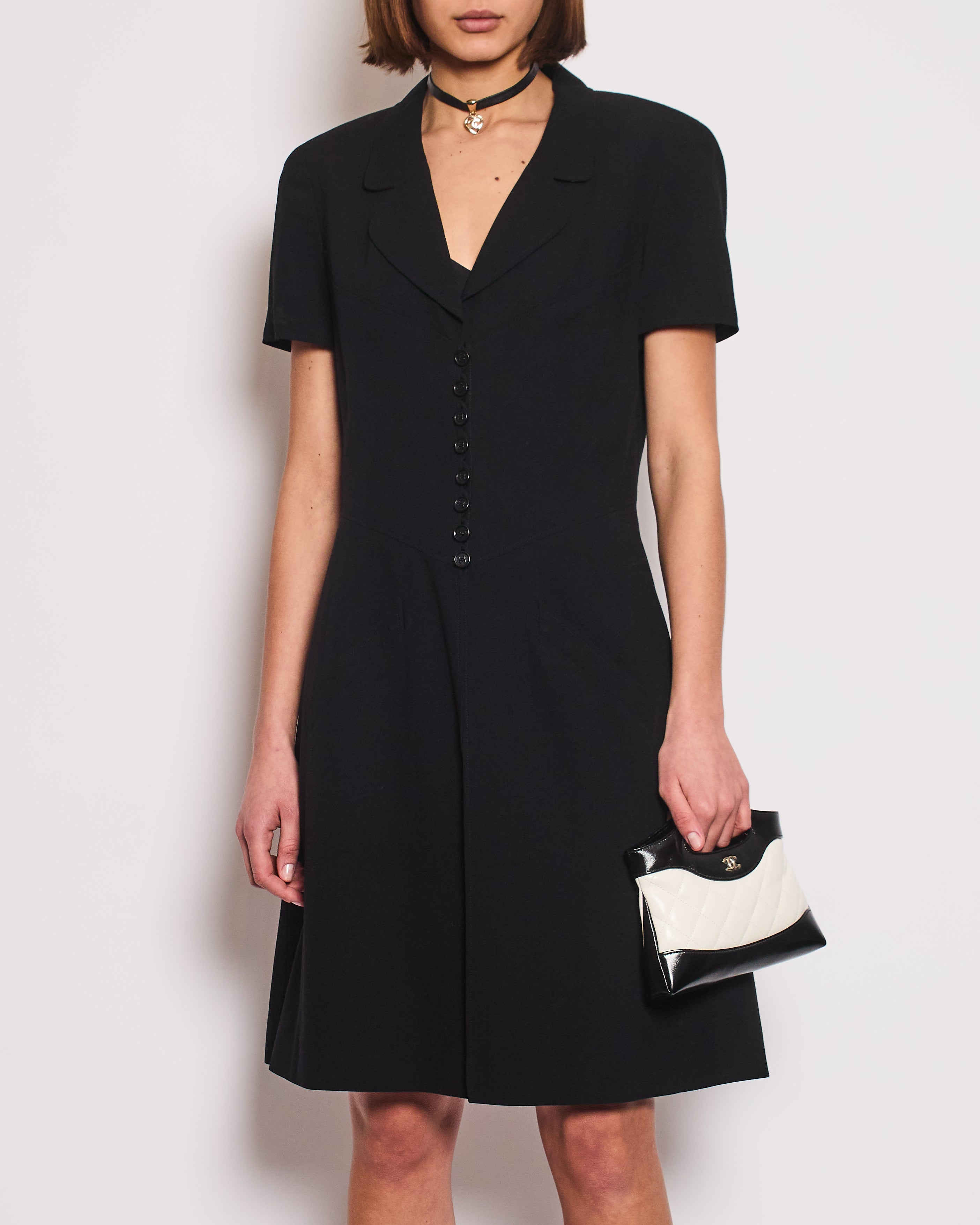 Chanel Vintage Runway 97/S Black, White CC Logo Slip Dress and Jacket Set with CC Chanel Button Size FR 42 (UK 14)
