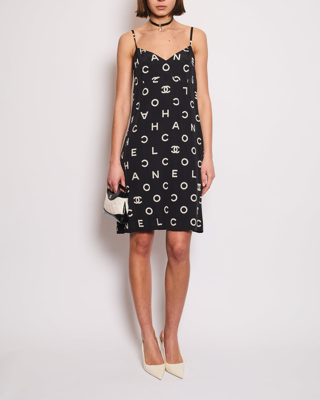 Chanel Vintage Runway 97/S Black, White CC Logo Slip Dress and Jacket Set with CC Chanel Button Size FR 42 (UK 14)