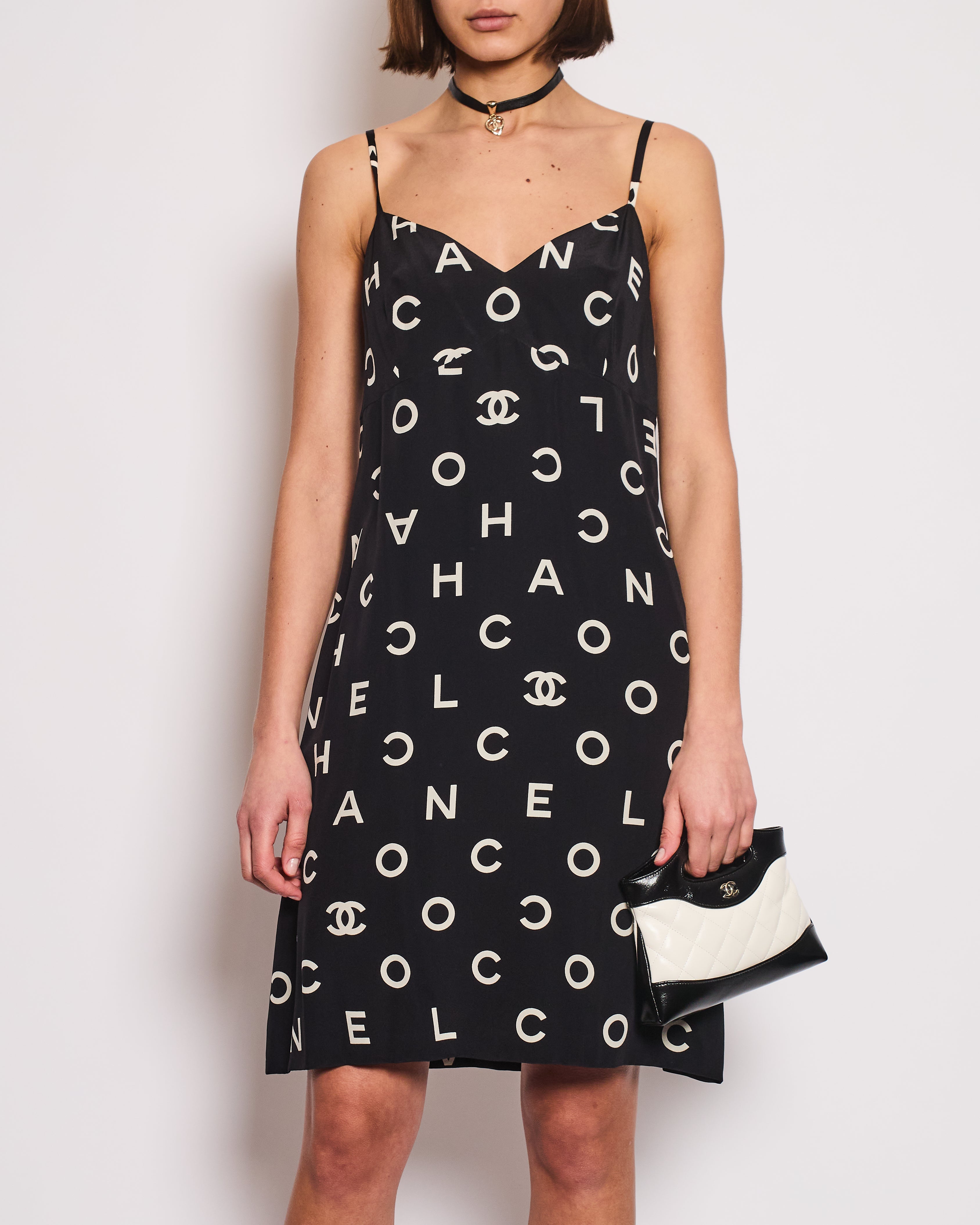 Chanel Vintage Runway 97/S Black, White CC Logo Slip Dress and Jacket Set with CC Chanel Button Size FR 42 (UK 14)