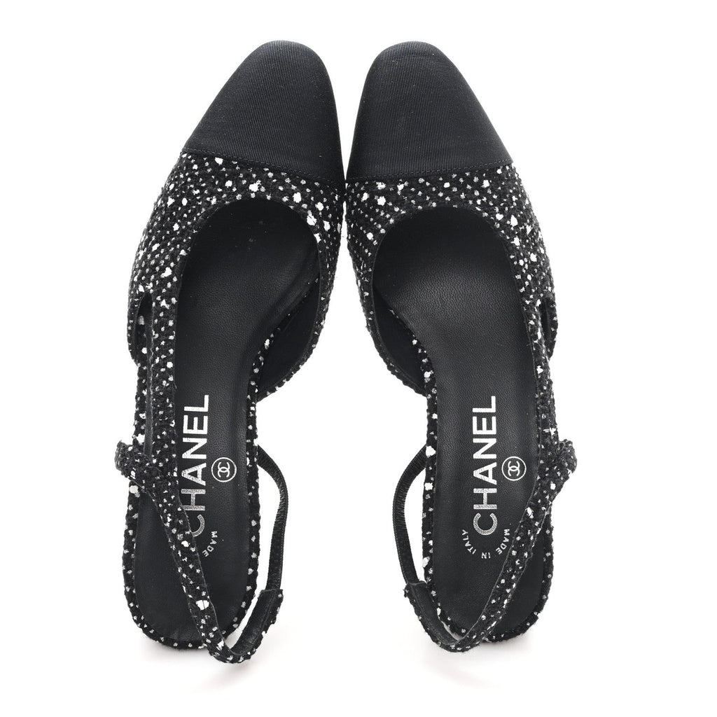 Chanel Tweed Polkadot Grosgrain Cap Toe CC Slingback Pumps 36 Black White Silver