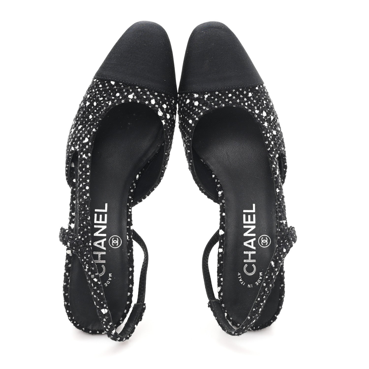 Chanel Tweed Polkadot Grosgrain Cap Toe CC Slingback Pumps 36 Black White Silver