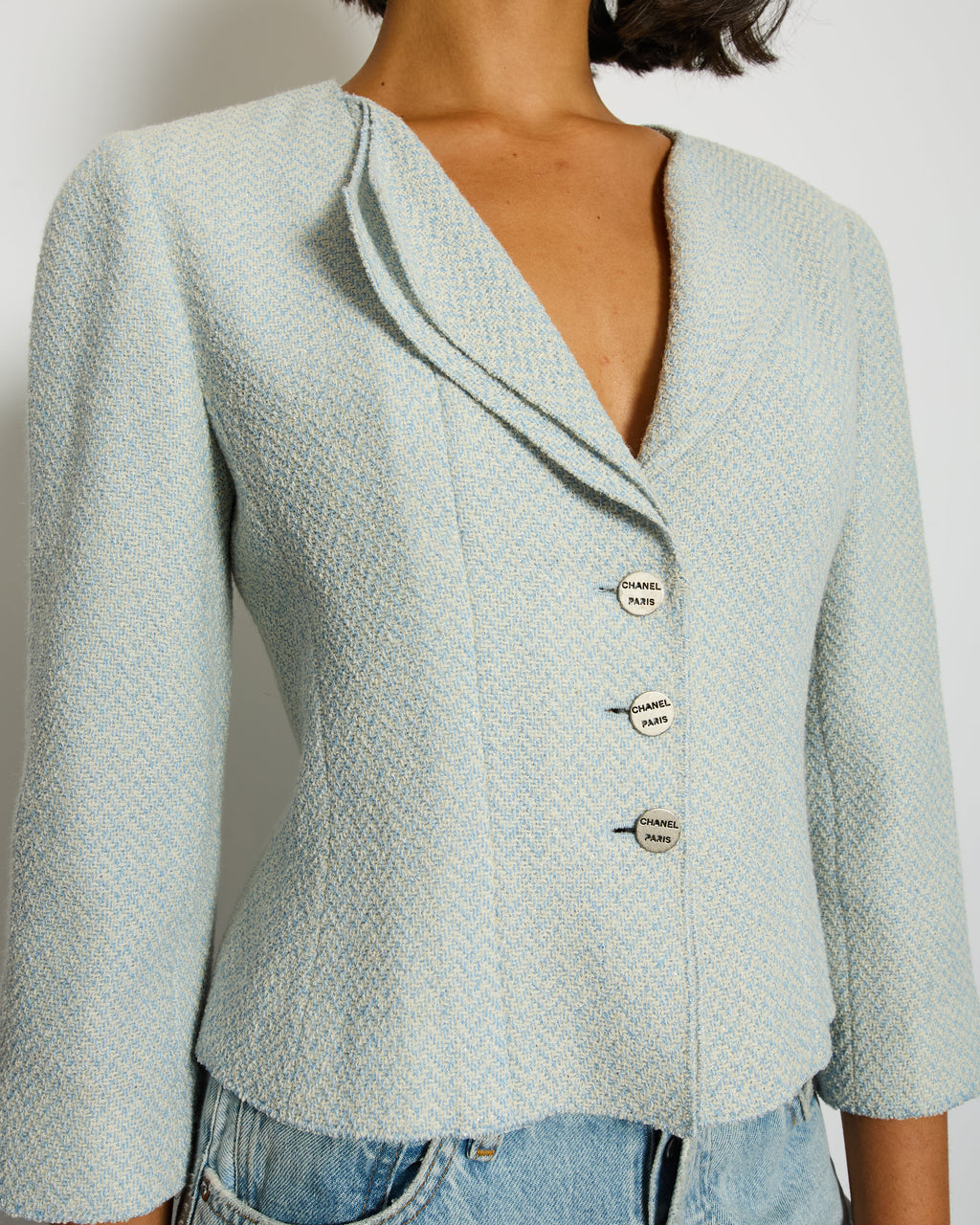 Chanel 00C Baby Blue Tweed Jacket with Silver Logo Button Details Size FR 38 (UK 10)
