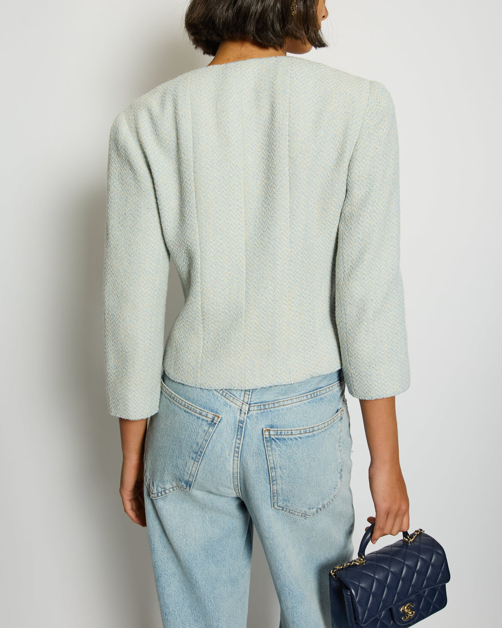 Chanel 00C Baby Blue Tweed Jacket with Silver Logo Button Details Size FR 38 (UK 10)