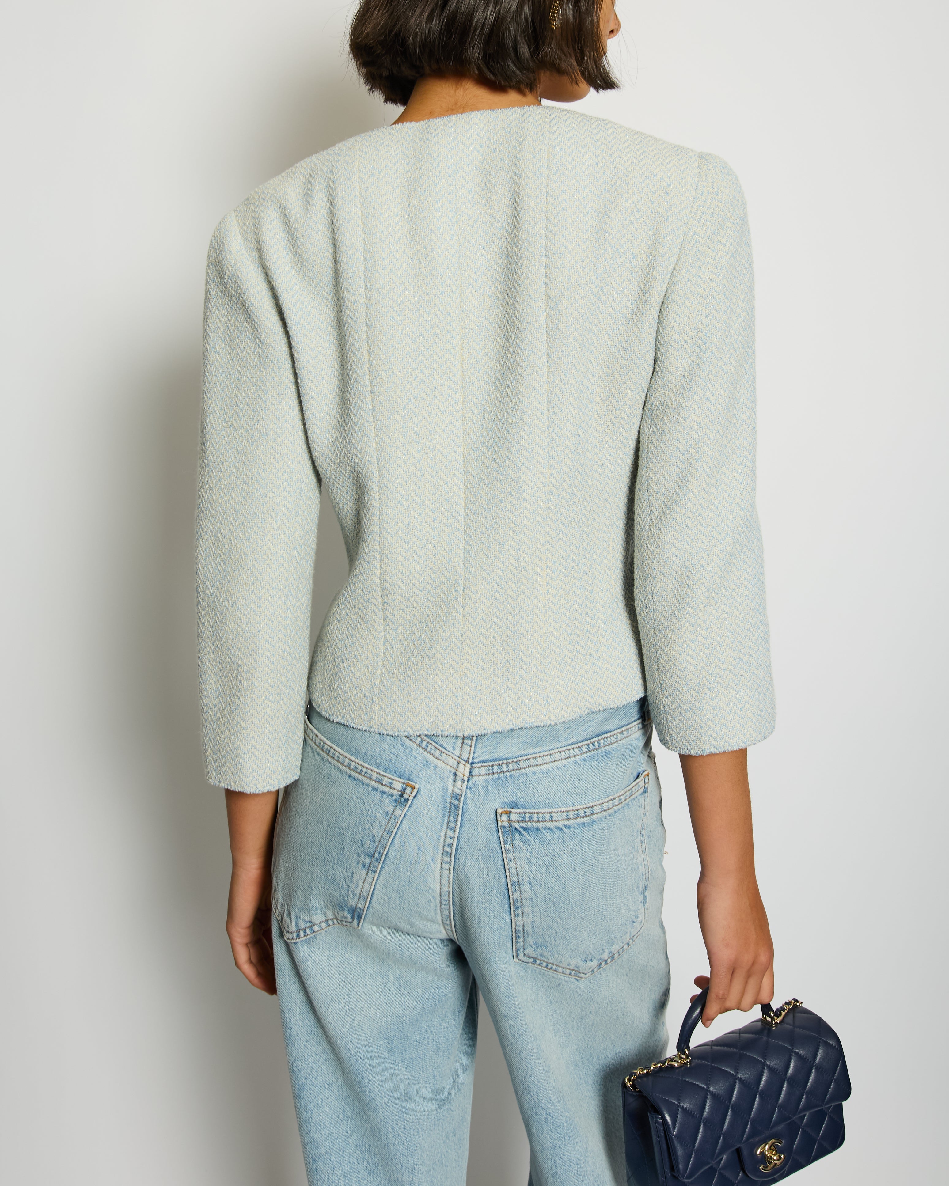 Chanel 00C Baby Blue Tweed Jacket with Silver Logo Button Details Size FR 38 (UK 10)