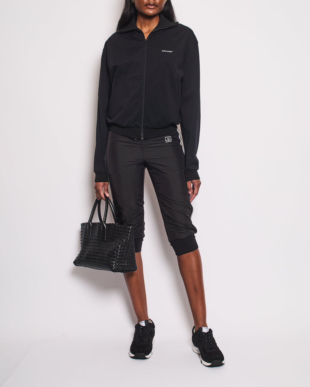 Chanel Black Nylon 3/4 Length Trousers with Cuffed Leg Details and Silver Side Trims Size FR 34 (UK 6)