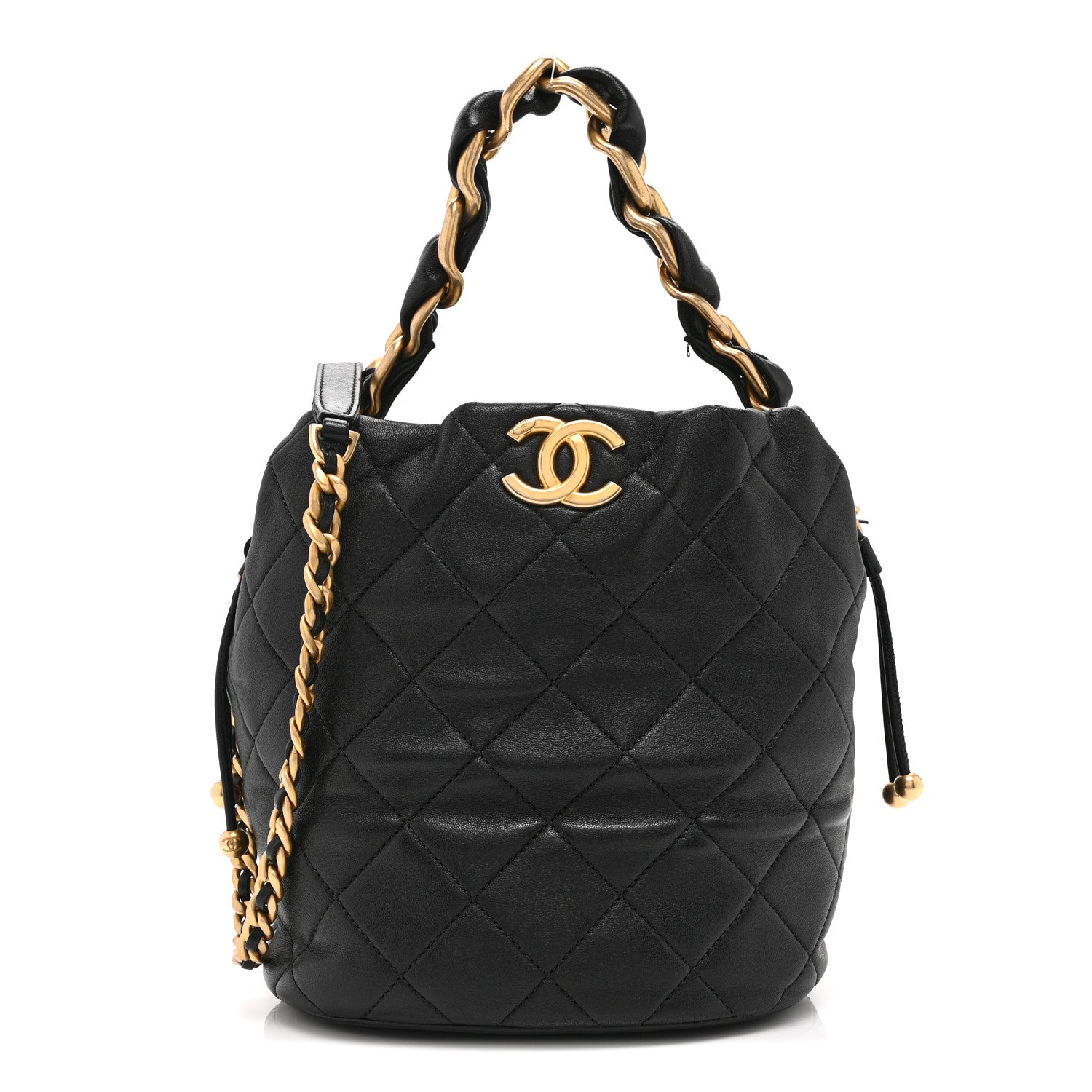Chanel Shiny Lambskin Quilted Small Chain Is More Drawstring Bag Black