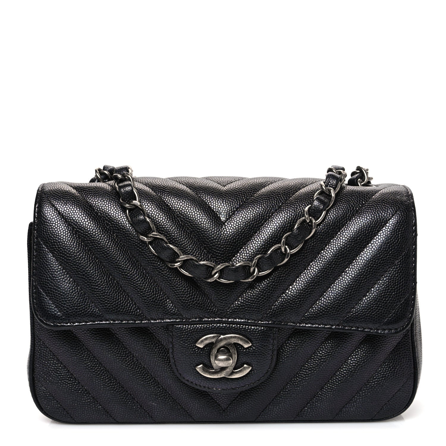 Chanel Metallic Caviar Chevron Quilted Mini Rectangular Flap Black