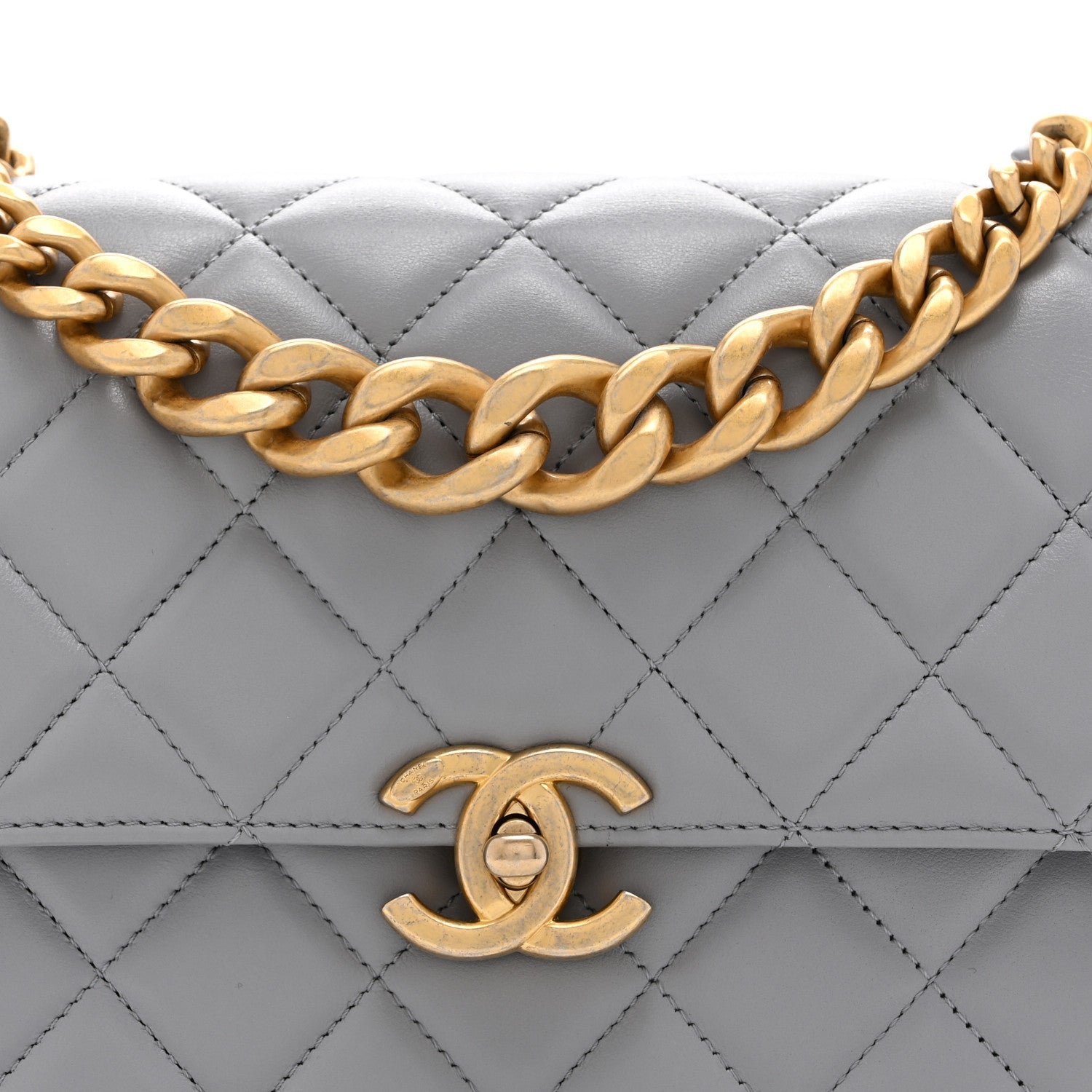 Chanel Caflskin Quilted Dual Handle Chain Flap Bag Grey