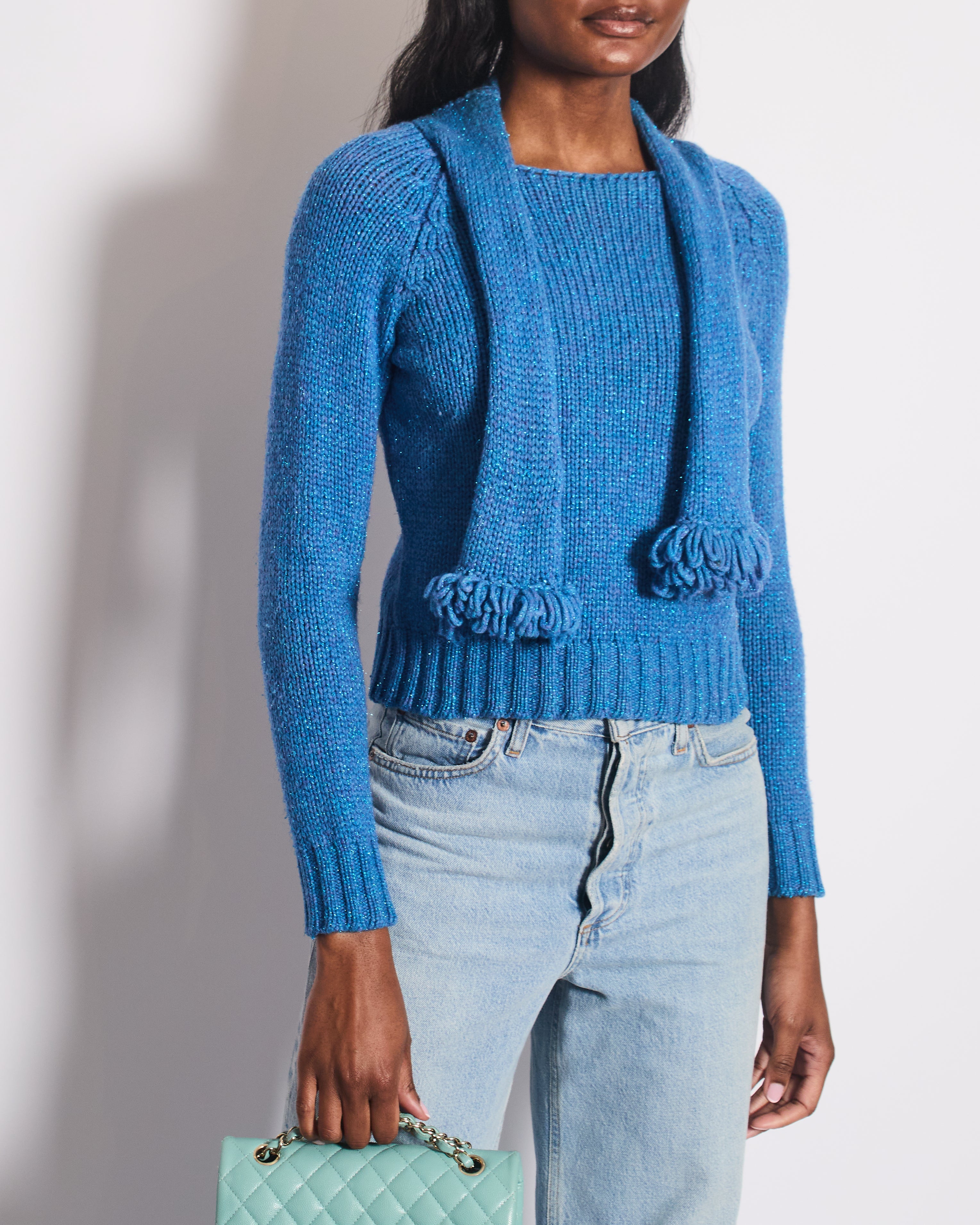 Chanel 01/A Blue Wool Jumper With Scarf Tie and Sparkle Detail Size FR 38 (UK 10)