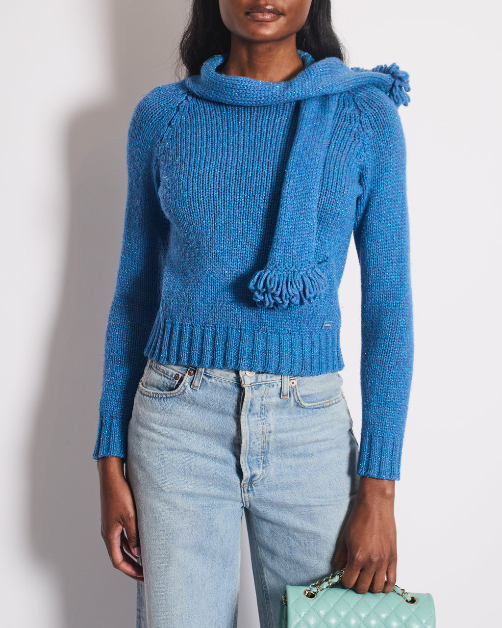 Chanel 01/A Blue Wool Jumper With Scarf Tie and Sparkle Detail Size FR 38 (UK 10)
