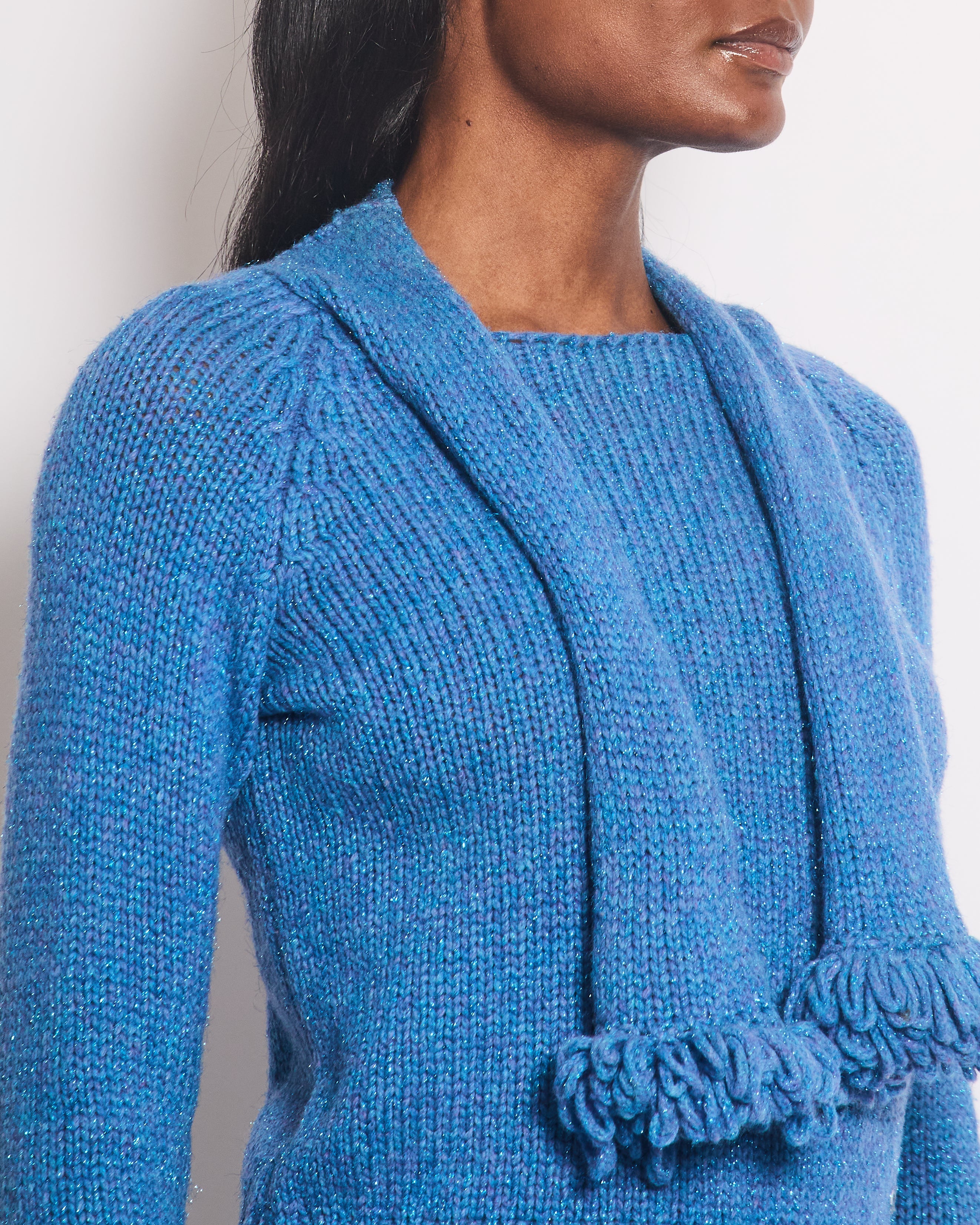 Chanel 01/A Blue Wool Jumper With Scarf Tie and Sparkle Detail Size FR 38 (UK 10)