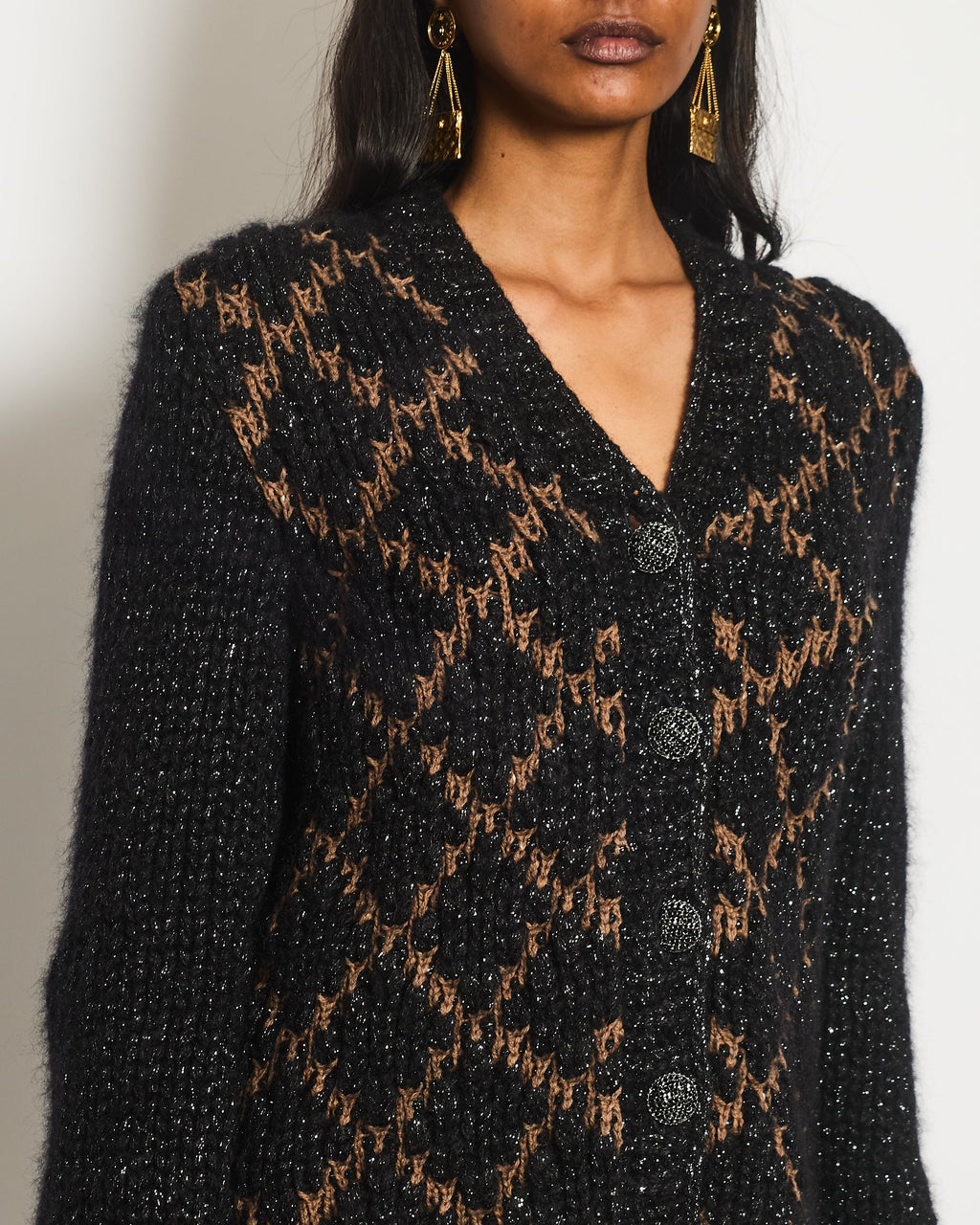 Chanel 15 F/W  Black and Brown Quilted Mohair Cardigan with Silver Threads and Black Chain Button Details Size FR 34 (UK 6)