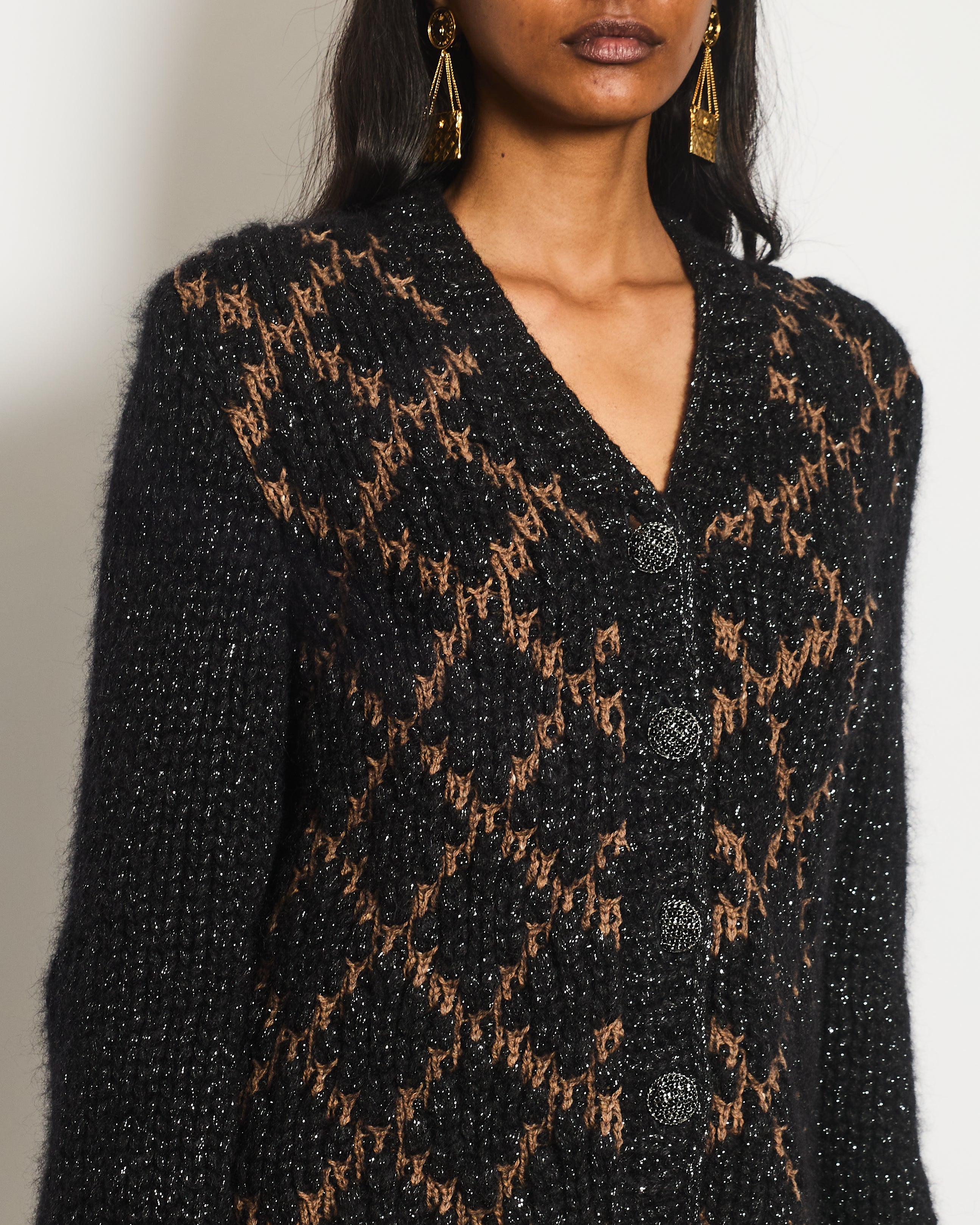 Chanel 15 F/W  Black and Brown Quilted Mohair Cardigan with Silver Threads and Black Chain Button Details Size FR 34 (UK 6)