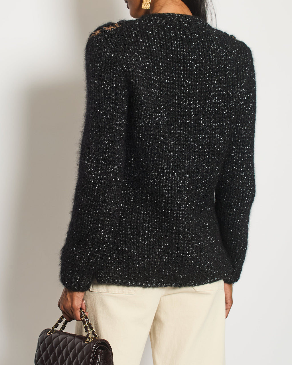 Chanel 15 F/W  Black and Brown Quilted Mohair Cardigan with Silver Threads and Black Chain Button Details Size FR 34 (UK 6)