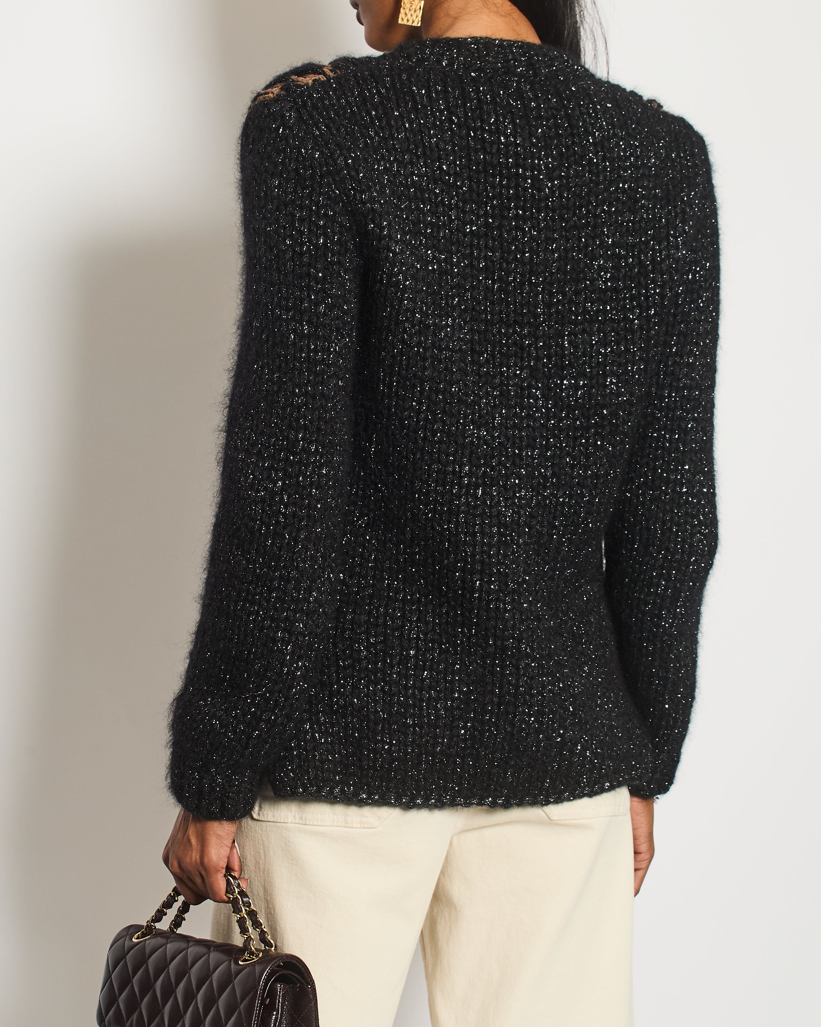 Chanel 15 F/W  Black and Brown Quilted Mohair Cardigan with Silver Threads and Black Chain Button Details Size FR 34 (UK 6)