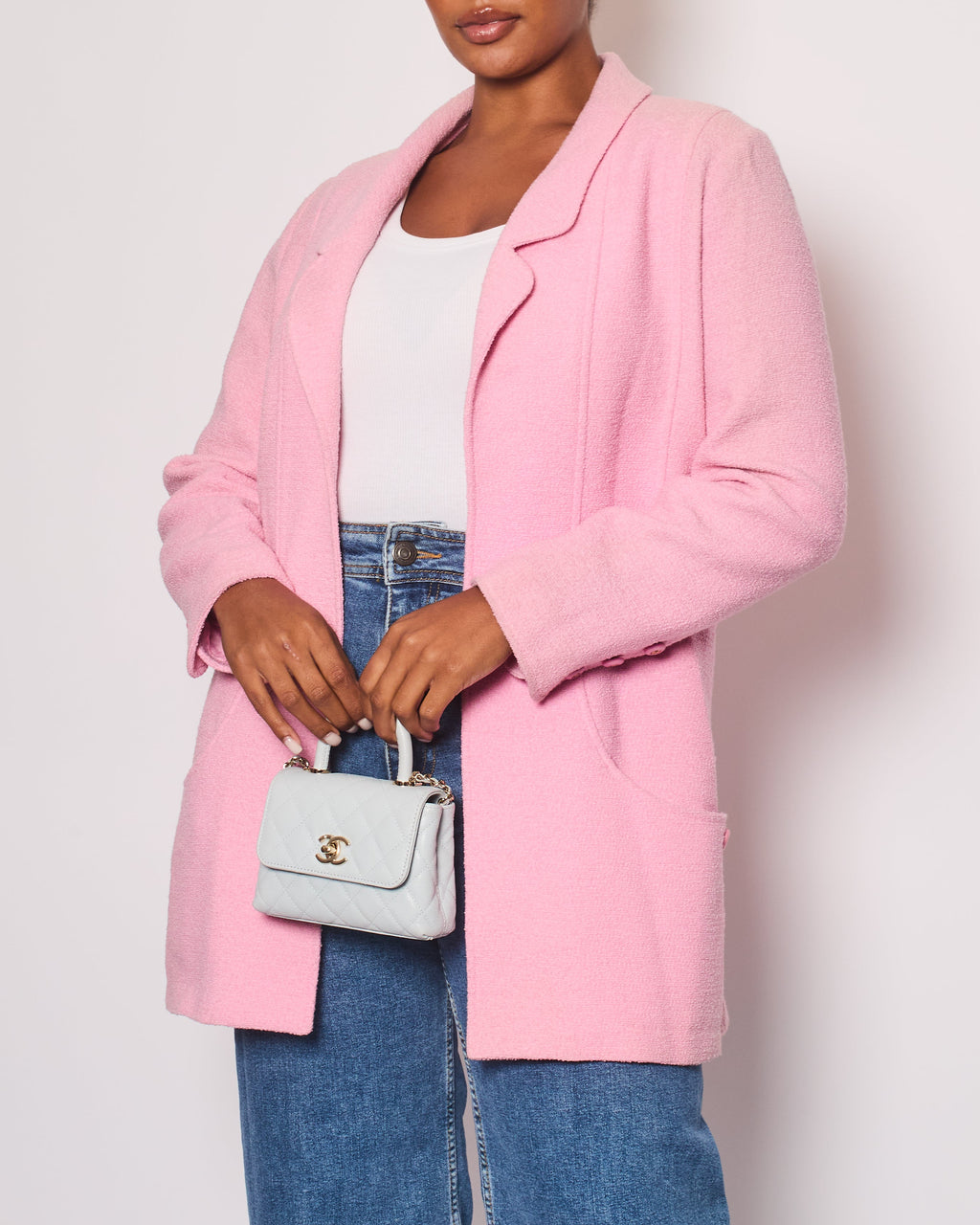 Chanel 94/P Pink Longline Tweed Jacket with Gold CC Logo Button Details, Size FR 40 (UK 12)