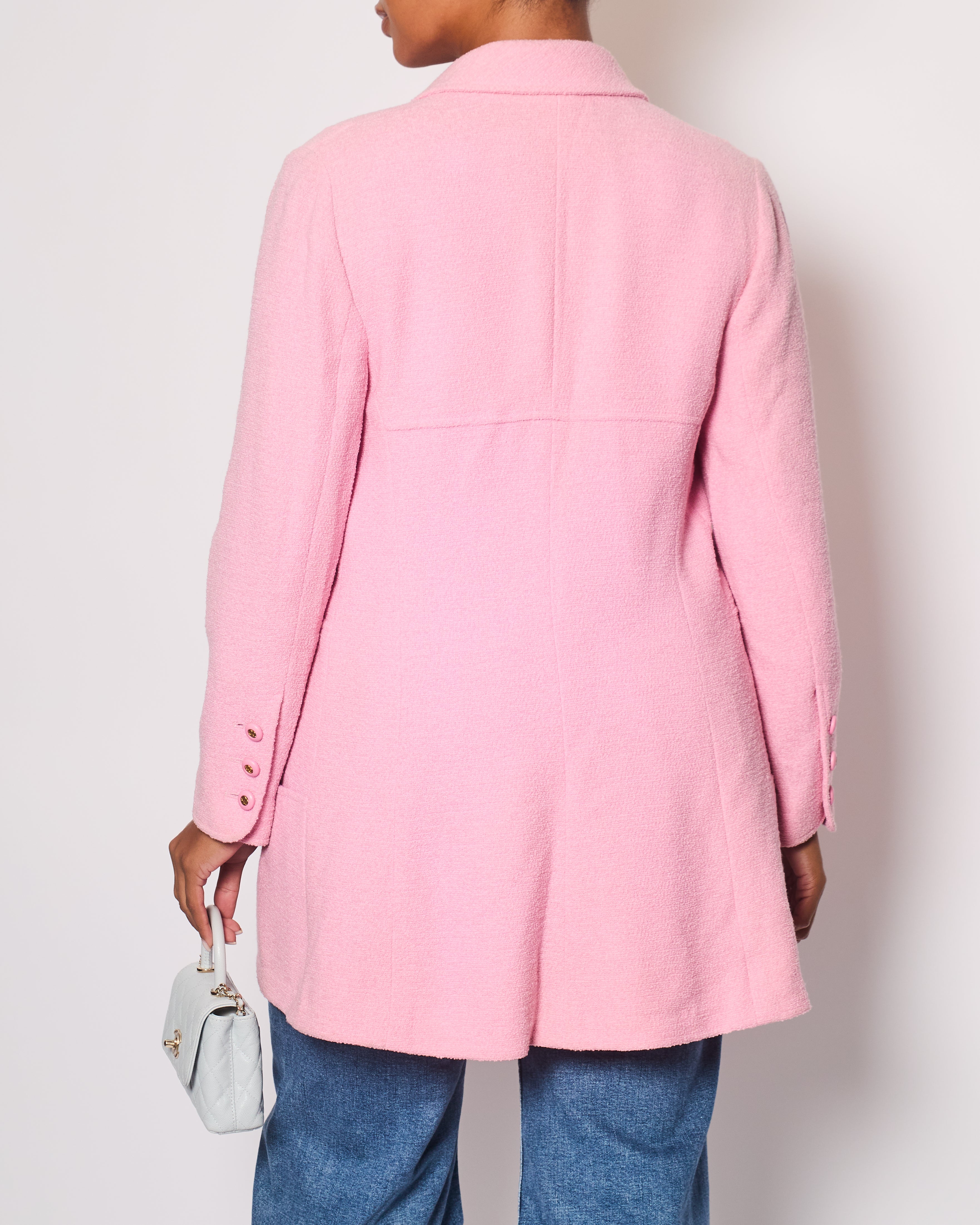 Chanel 94/P Pink Longline Tweed Jacket with Gold CC Logo Button Details, Size FR 40 (UK 12)