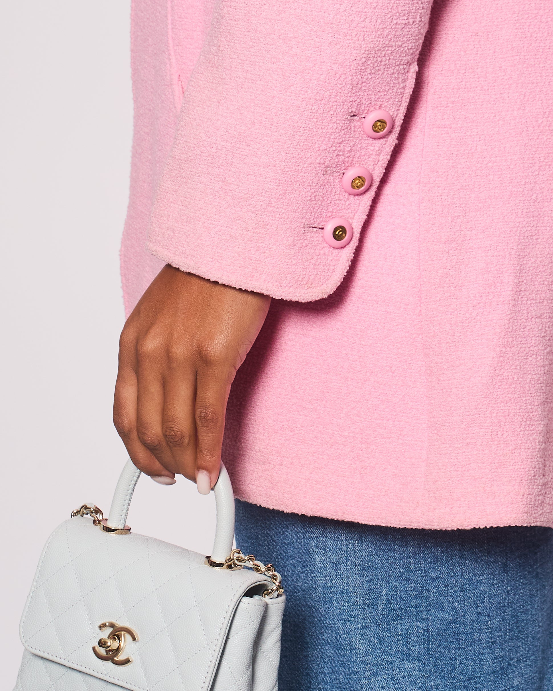 Chanel 94/P Pink Longline Tweed Jacket with Gold CC Logo Button Details, Size FR 40 (UK 12)