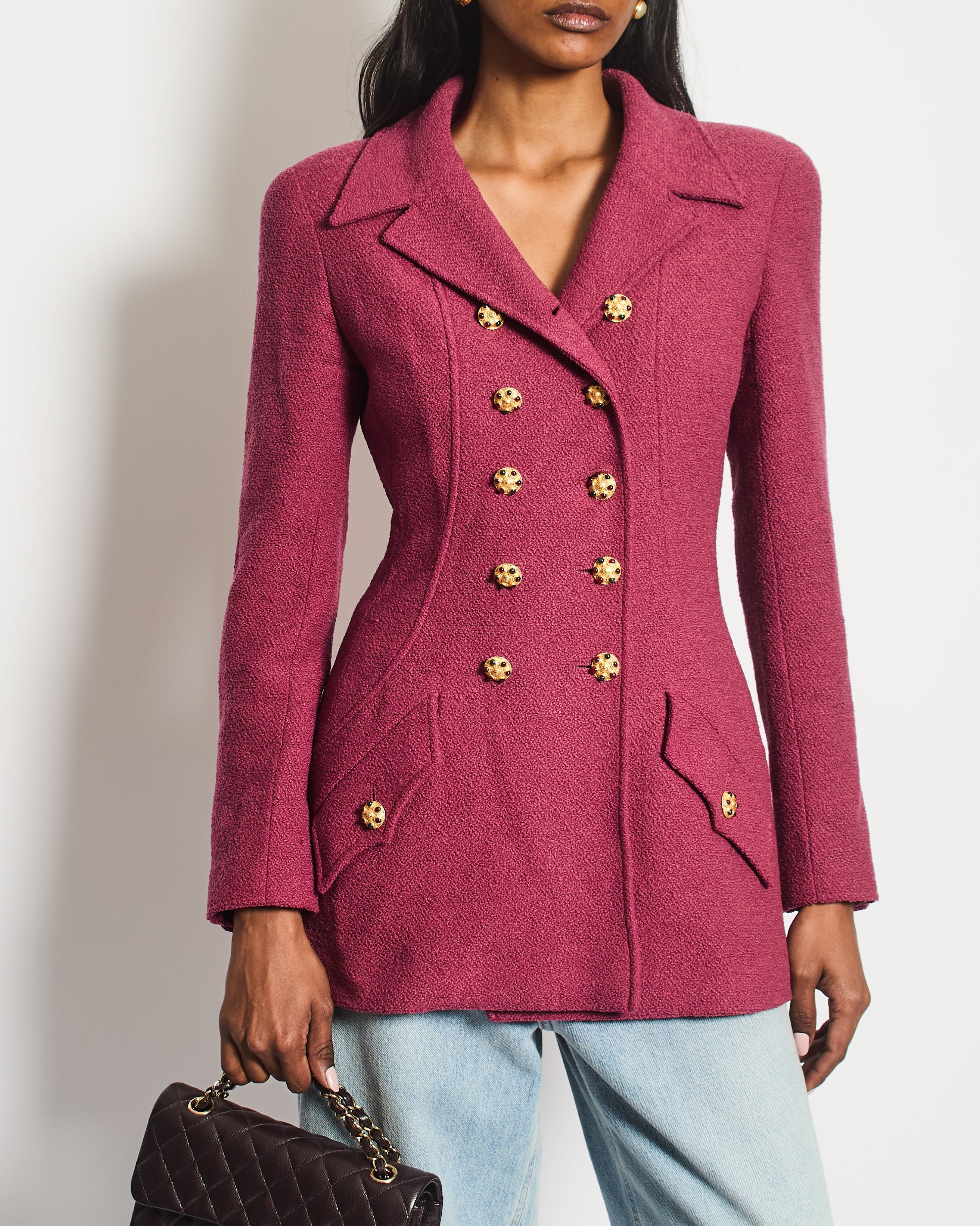 Chanel 96/A Dark Pink Boucle Double Breasted Jacket With Gold Buttons Size FR 36 (UK 8)