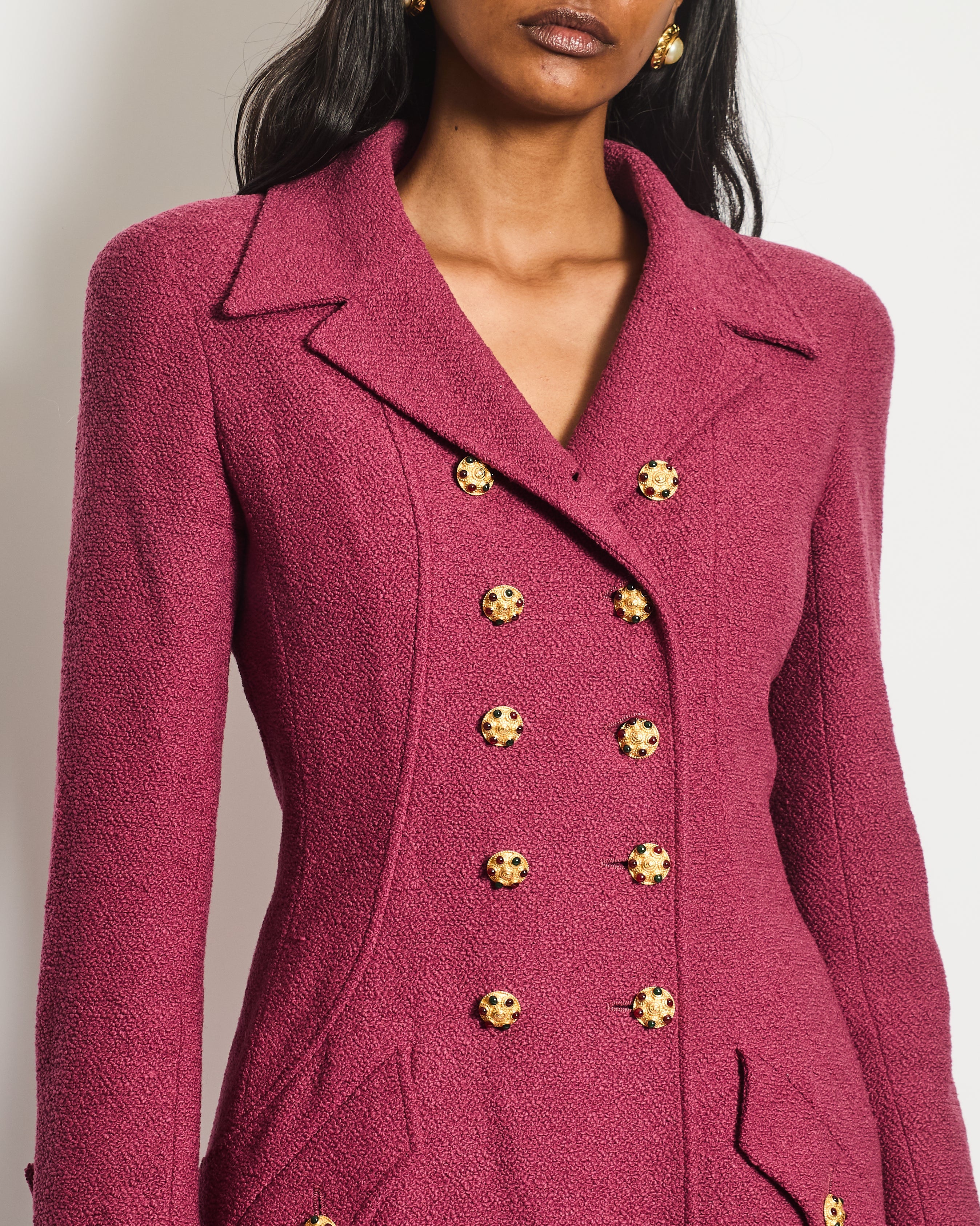 Chanel 96/A Dark Pink Boucle Double Breasted Jacket With Gold Buttons Size FR 36 (UK 8)