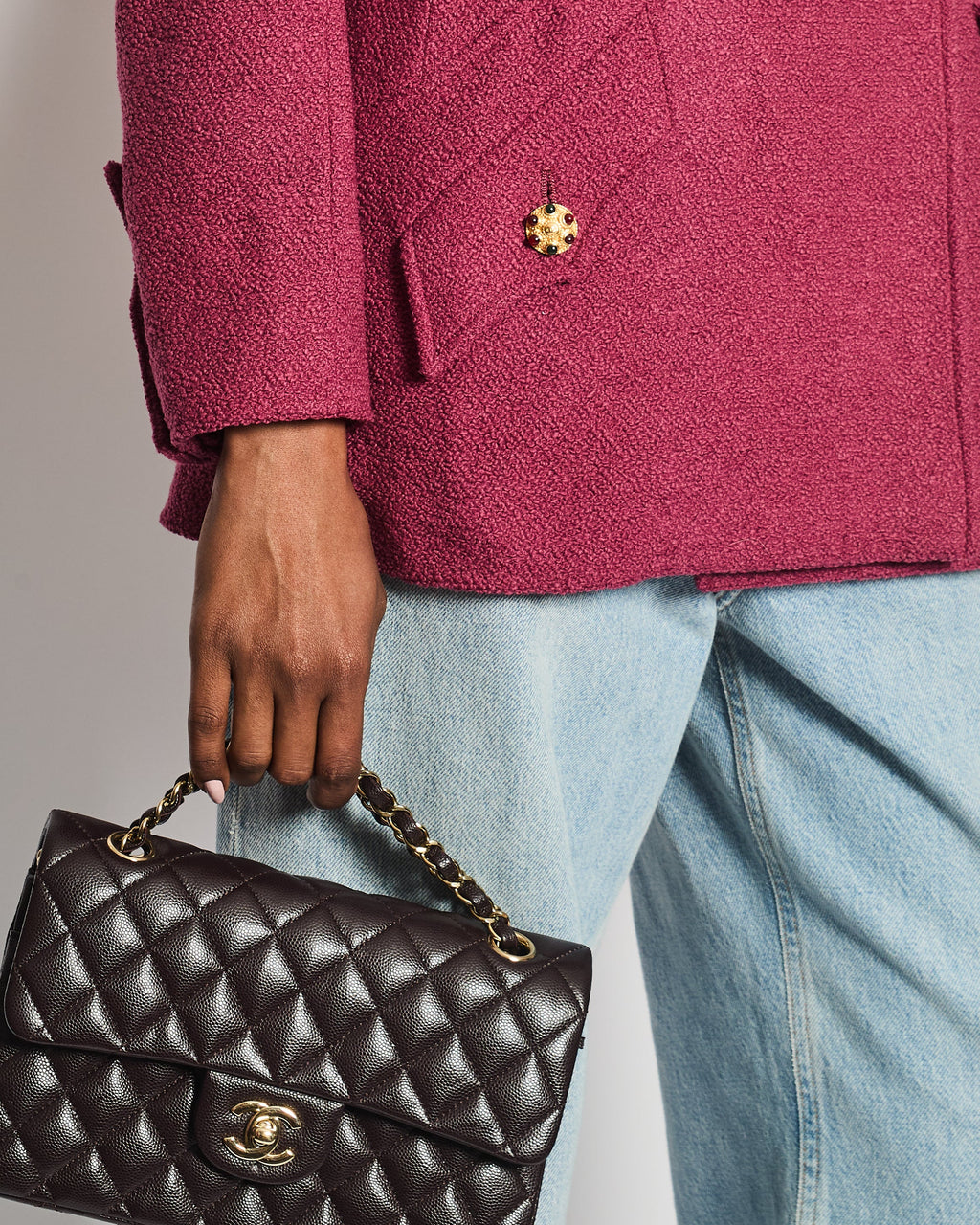 Chanel 96/A Dark Pink Boucle Double Breasted Jacket With Gold Buttons Size FR 36 (UK 8)