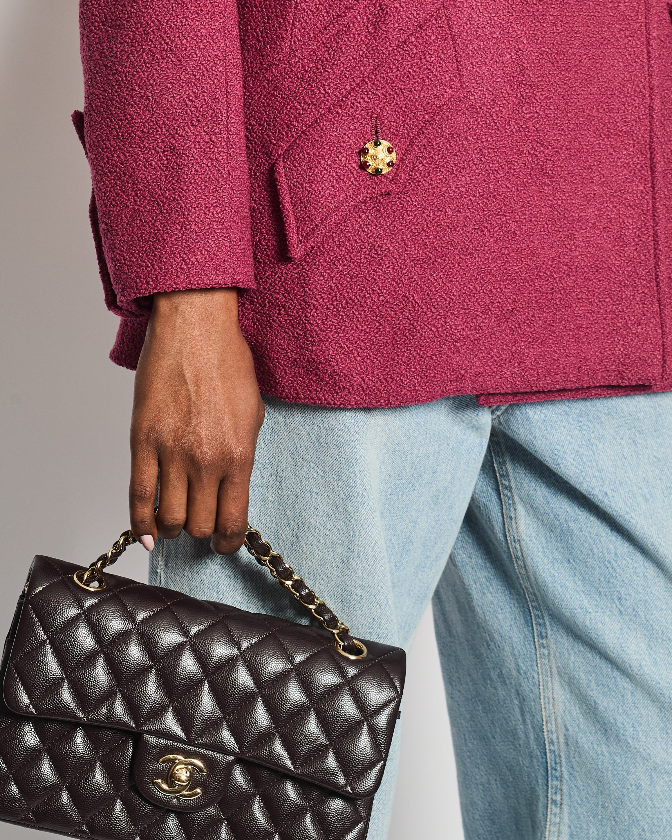 Chanel 96/A Dark Pink Boucle Double Breasted Jacket With Gold Buttons Size FR 36 (UK 8)