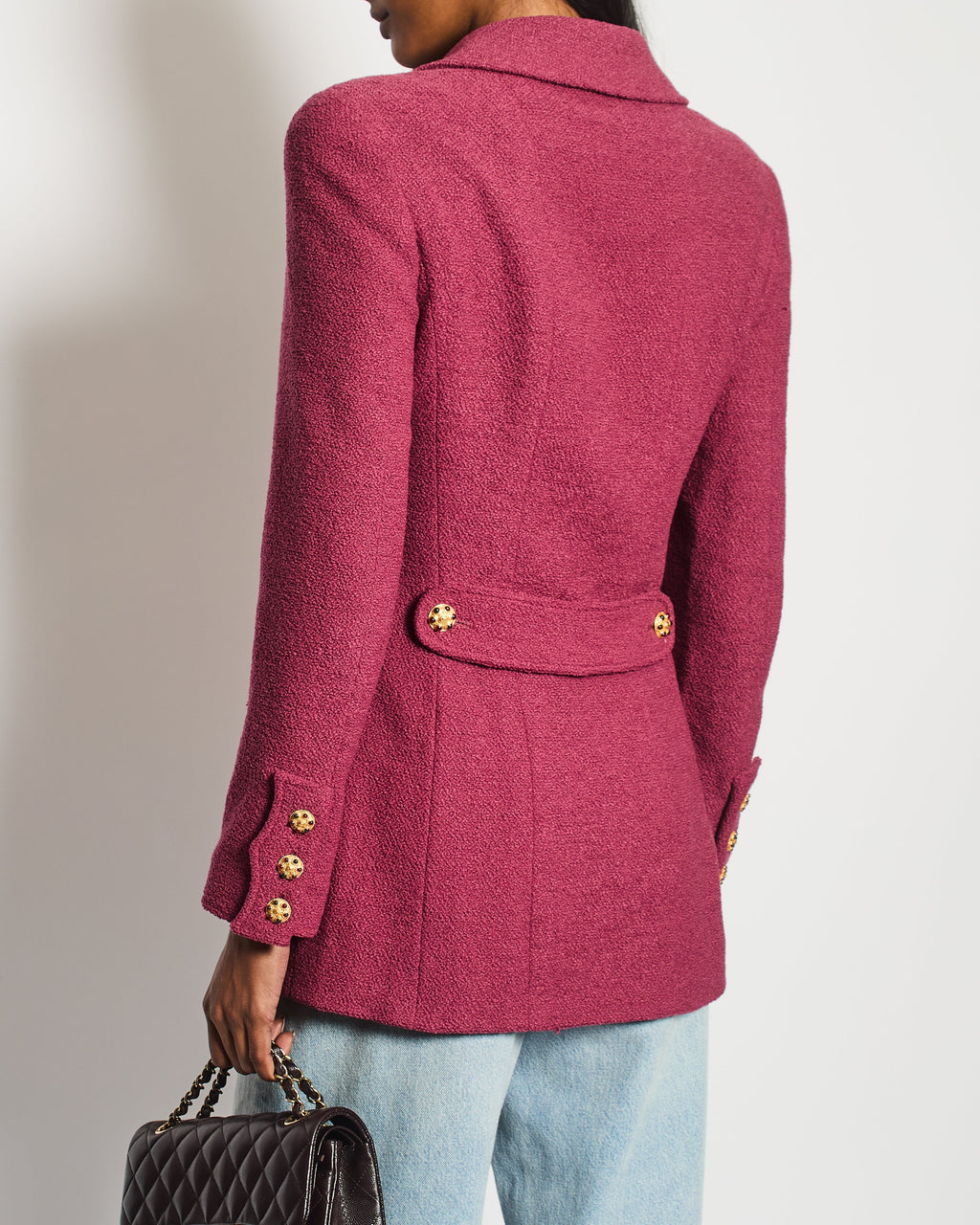Chanel 96/A Dark Pink Boucle Double Breasted Jacket With Gold Buttons Size FR 36 (UK 8)