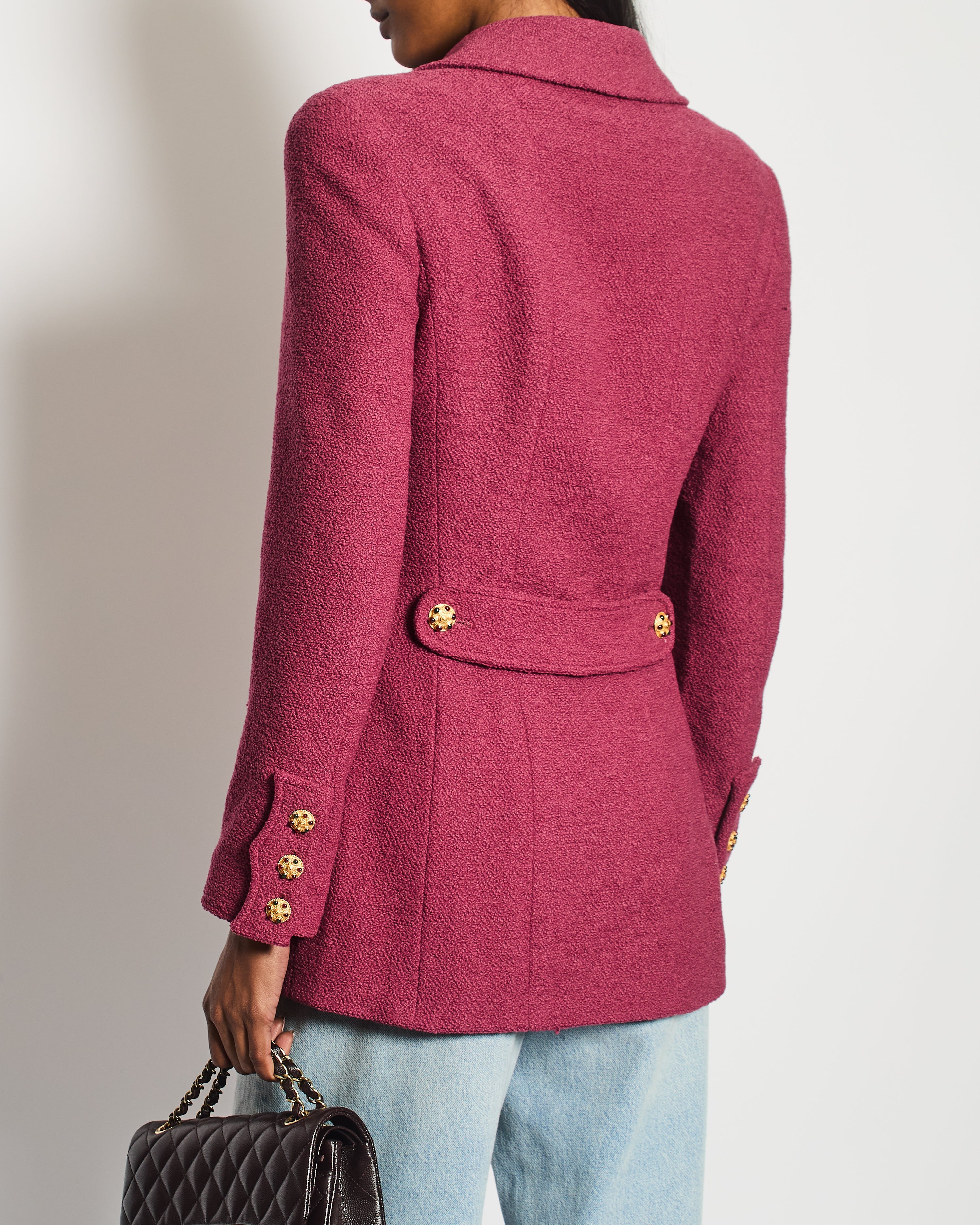 Chanel 96/A Dark Pink Boucle Double Breasted Jacket With Gold Buttons Size FR 36 (UK 8)