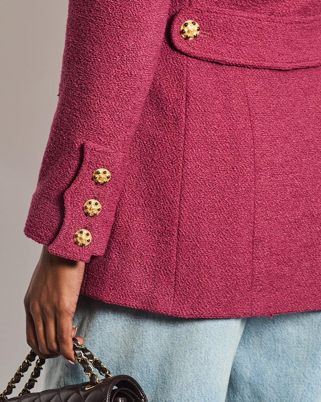 Chanel 96/A Dark Pink Boucle Double Breasted Jacket With Gold Buttons Size FR 36 (UK 8)